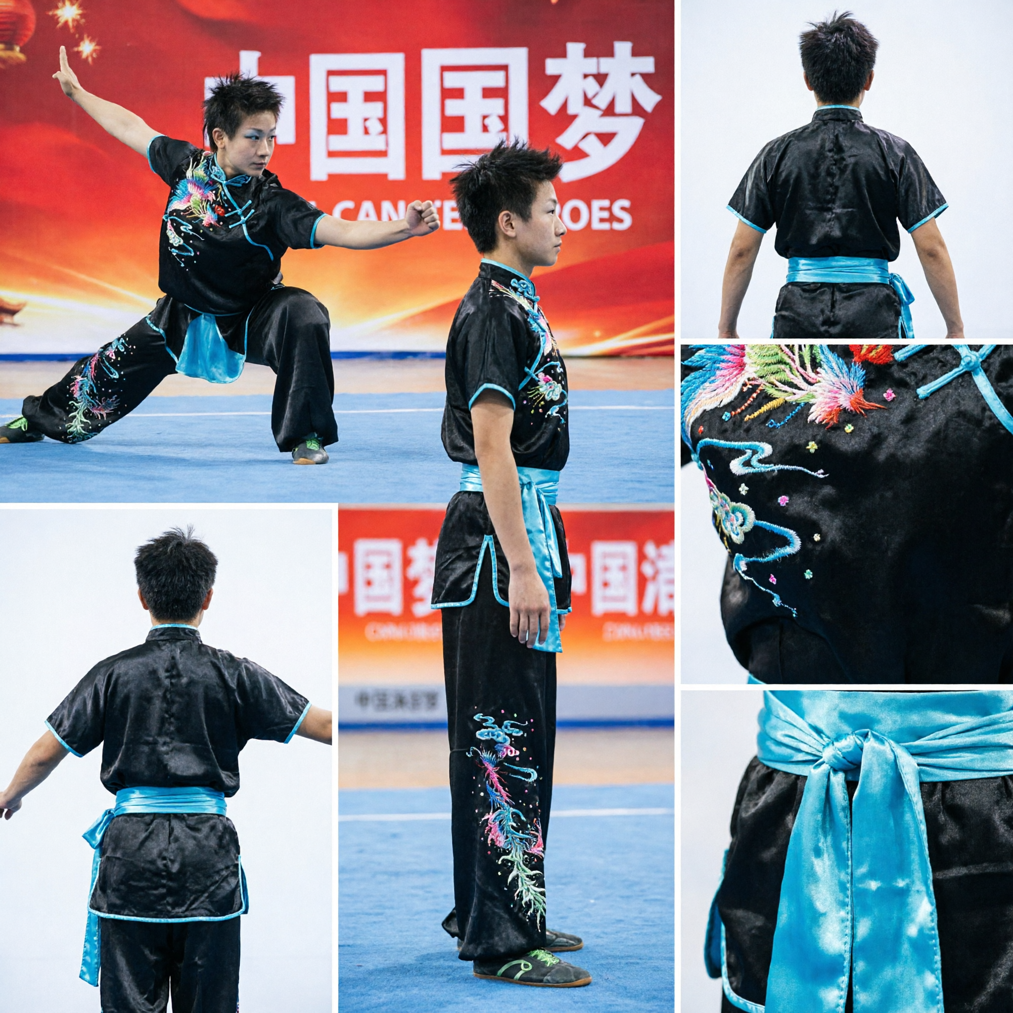 Black Embroidered Wushu Kung Fu Uniform Traditional Chinese Martial Arts Suit for Kids Adults Competition Performance