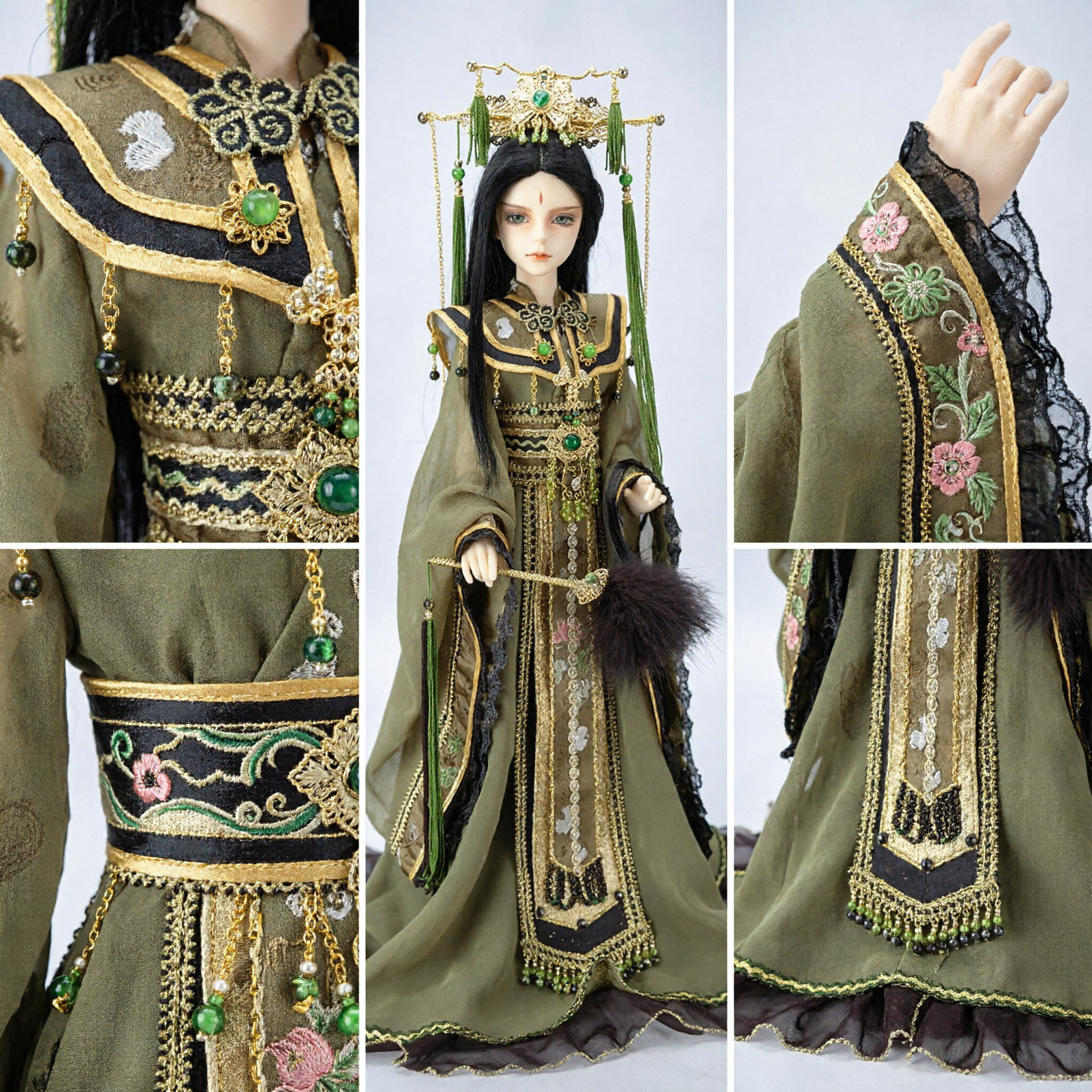 Traditional Chinese Hanfu Costume Set for BJD Dolls Ancient Style Green Robe with Elaborate Headdress