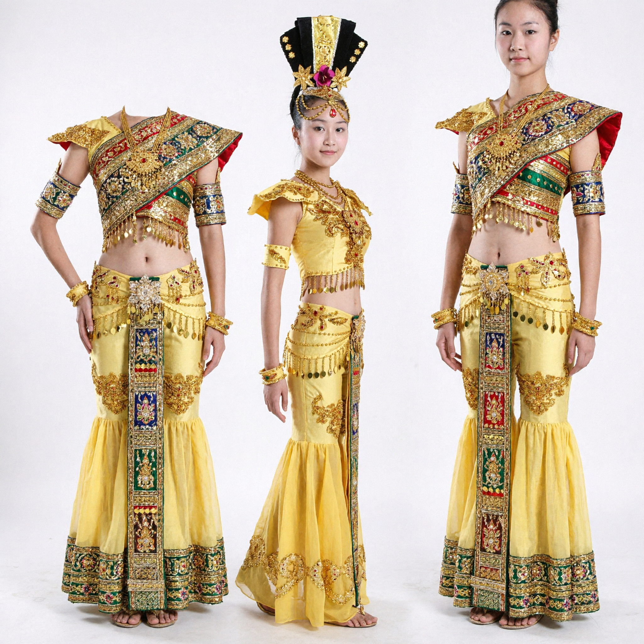 Exquisite Golden Chinese Dai Minority Peacock Dance Costume Complete Set for Girls Stage Performance