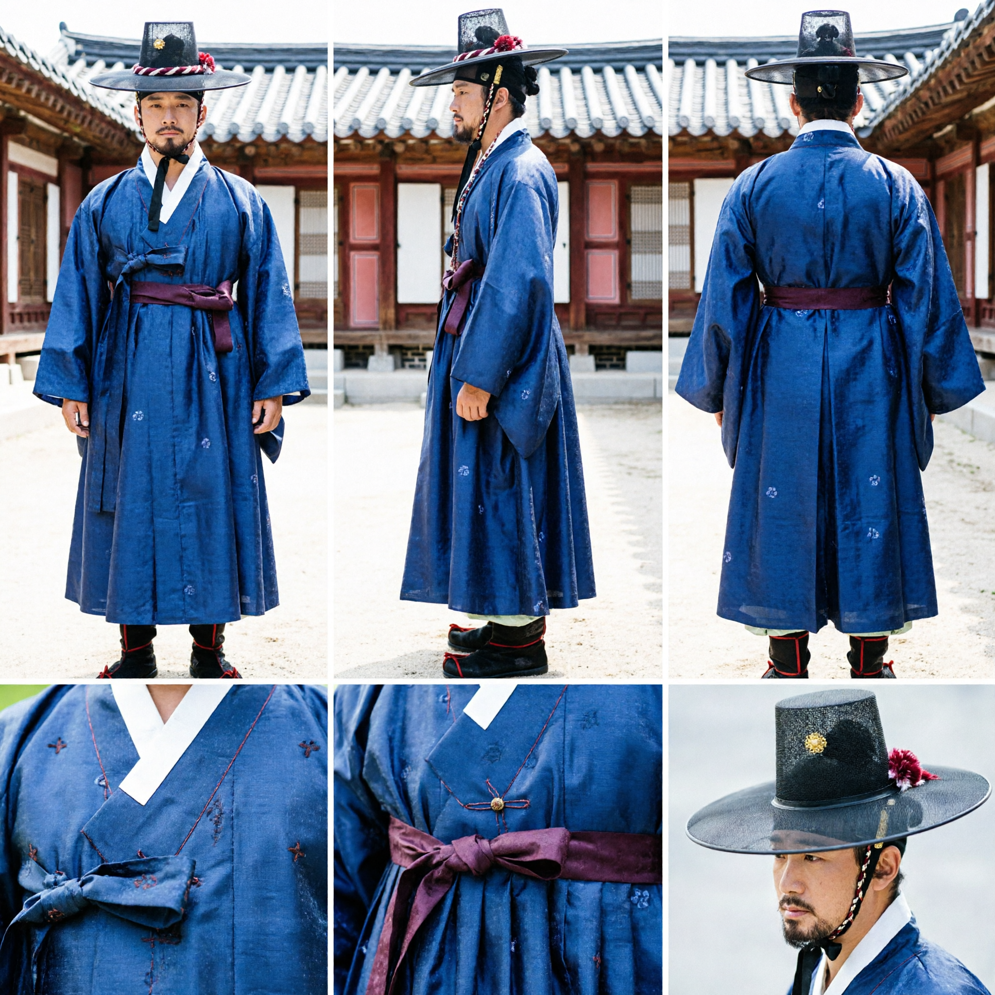 Men's Traditional Korean Hanbok Blue Durumagi Robe Set with Hat for Historical Cosplay and Cultural Performance