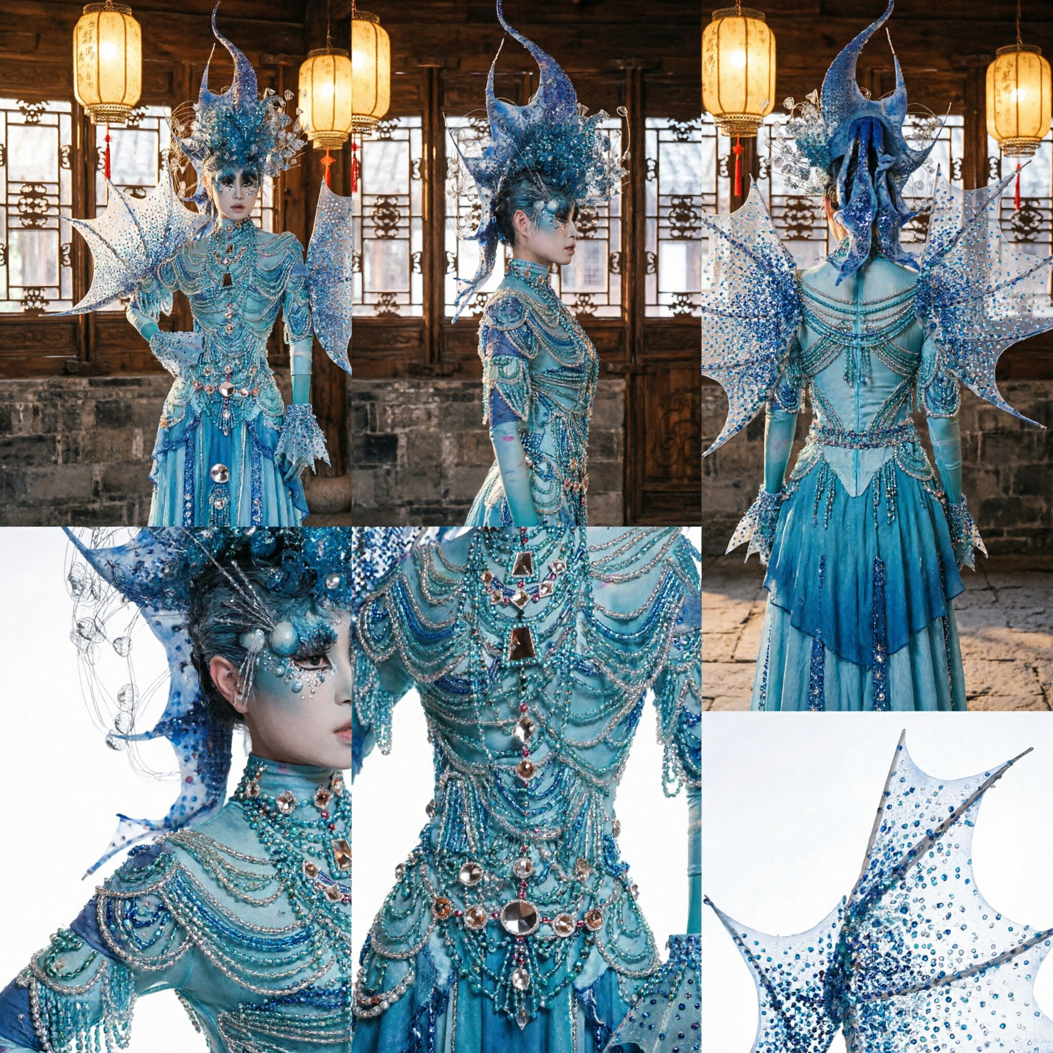 Elaborate Blue Fantasy Carnival Costume with Sequin Wings and Tall Headpiece for Women Stage Performance