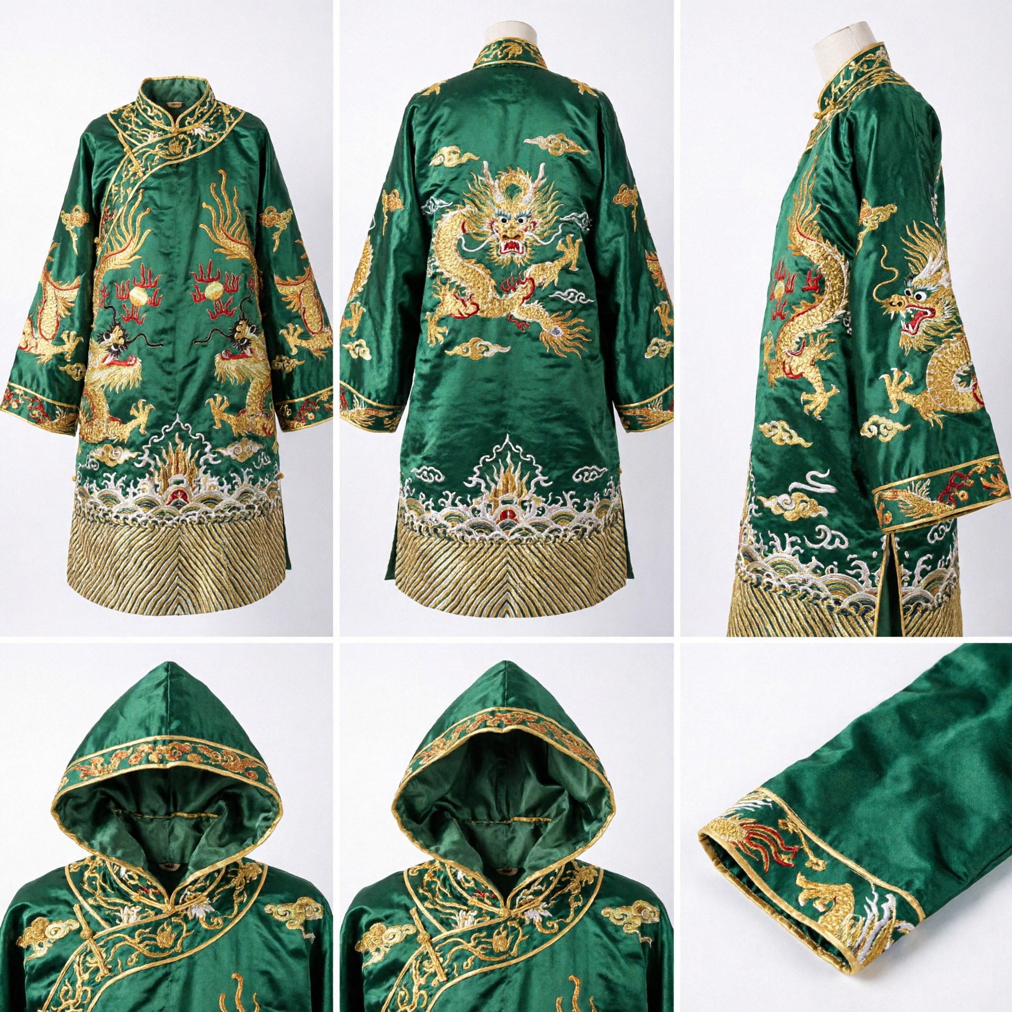 Traditional Chinese Green Dragon Embroidered Hooded Cloak Cape for Men Cosplay Stage Performance