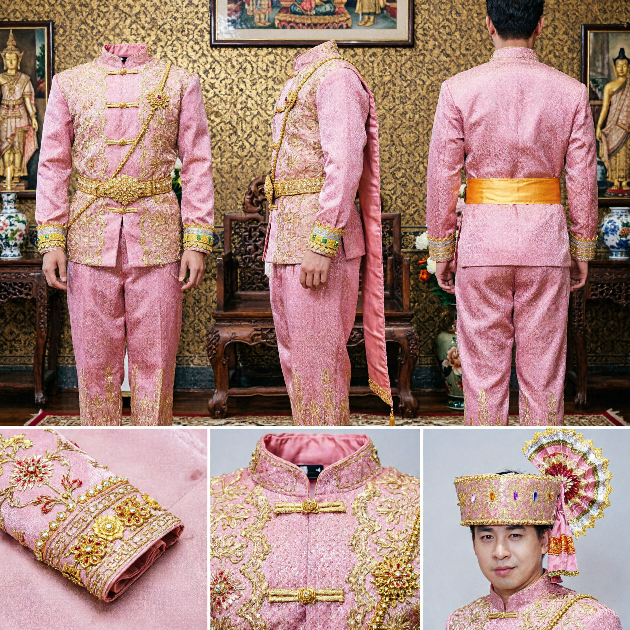 Men's Traditional Thai Pink Gold Brocade Wedding Groom Costume Set with Headdress for Cultural Performance
