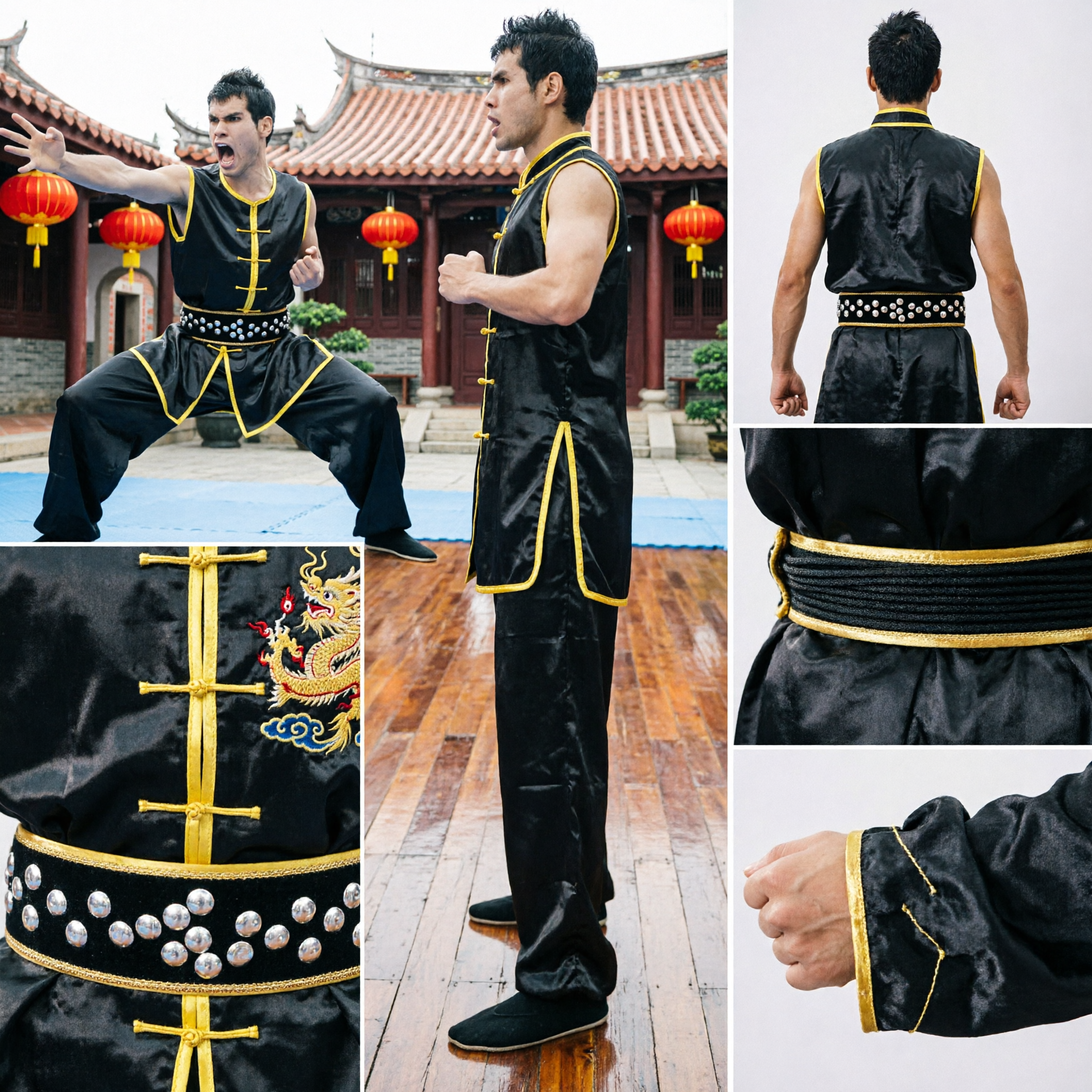 Men's Black Sleeveless Shaolin Kung Fu Uniform with Yellow Trim Traditional Martial Arts Wushu Performance Suit
