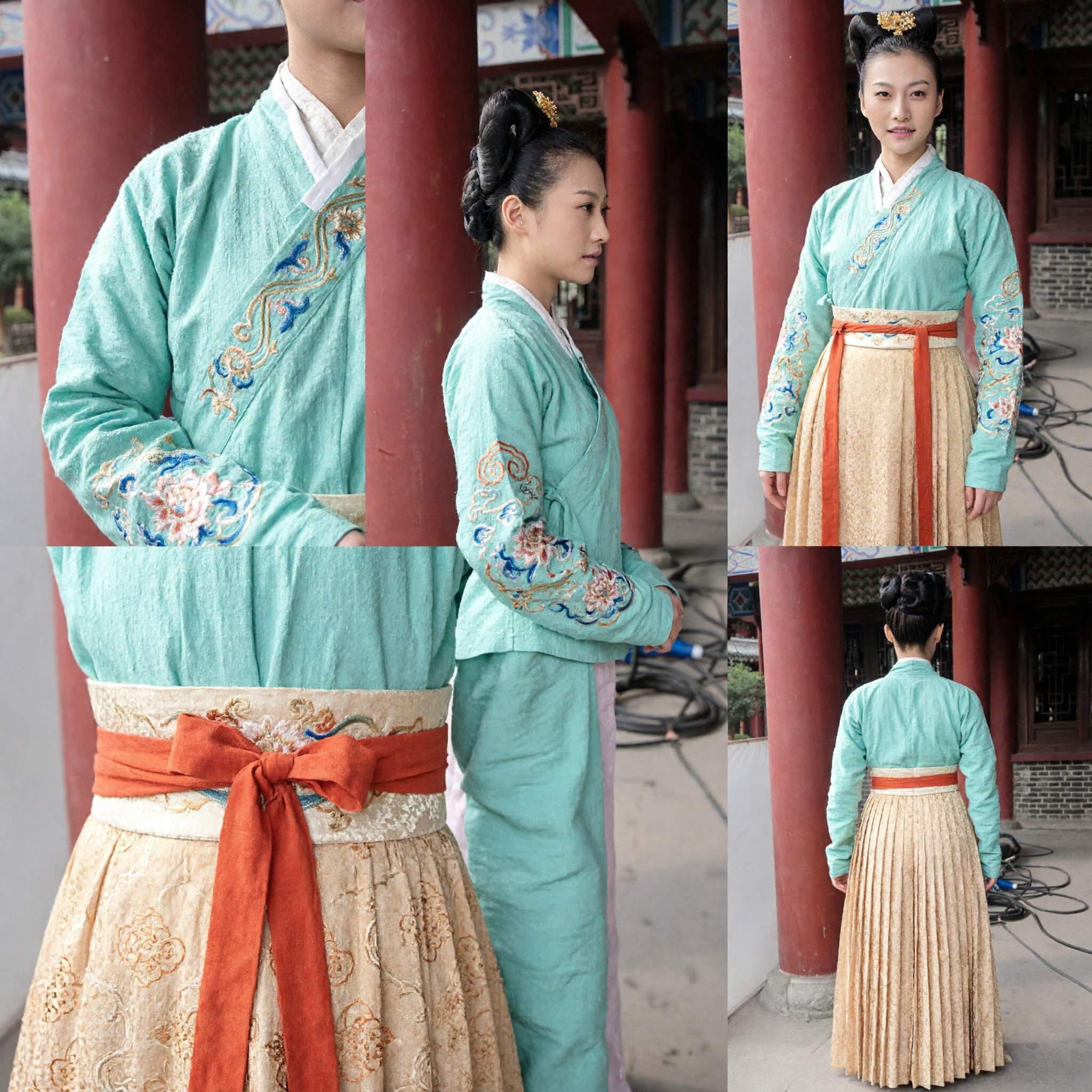 Traditional Chinese Tang Dynasty Hanfu Costume Green Cross-Collar Top High Waist Skirt Set for Women