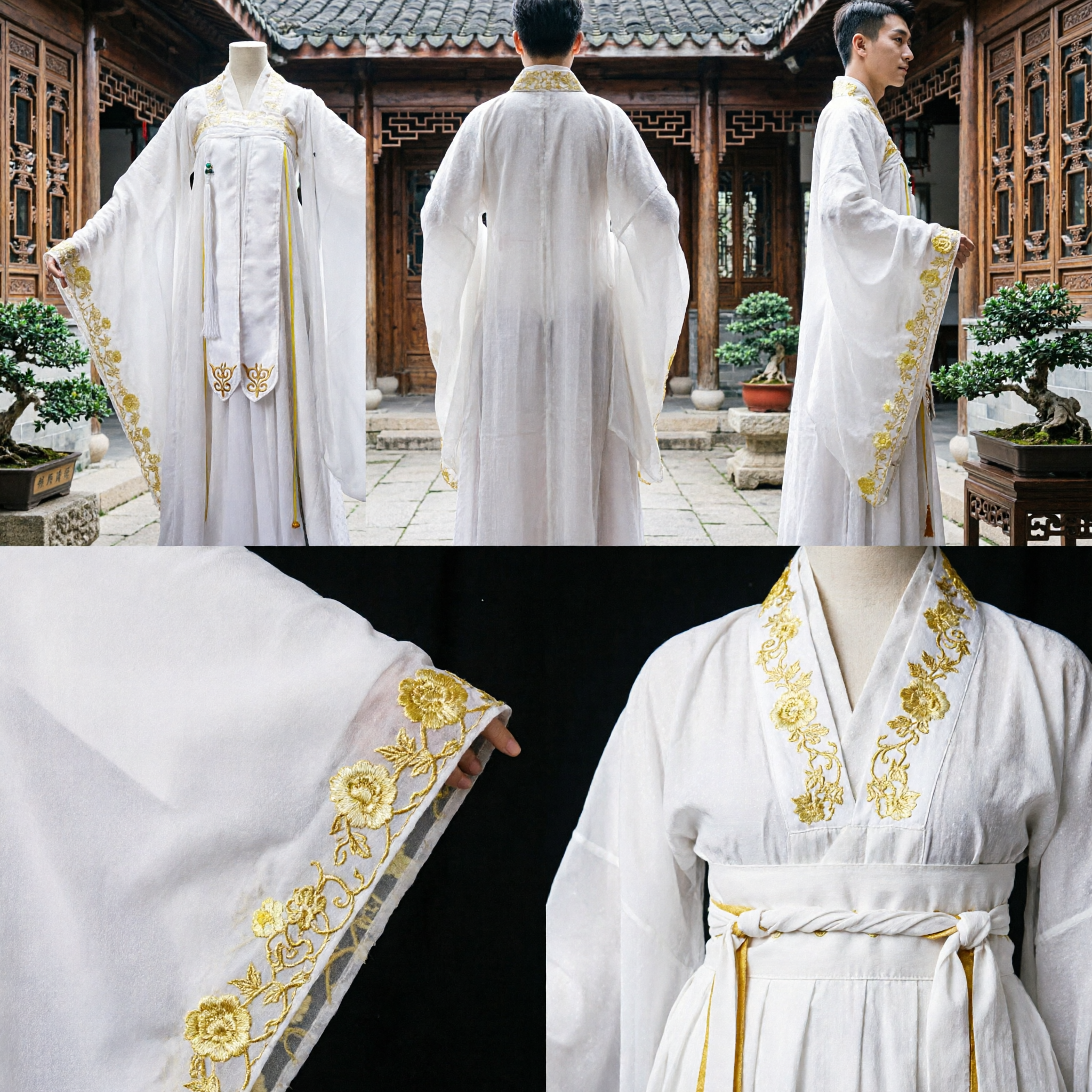 Traditional Chinese Hanfu Ancient Costume White Wide Sleeve Robe Gold Embroidery for Cosplay Performance