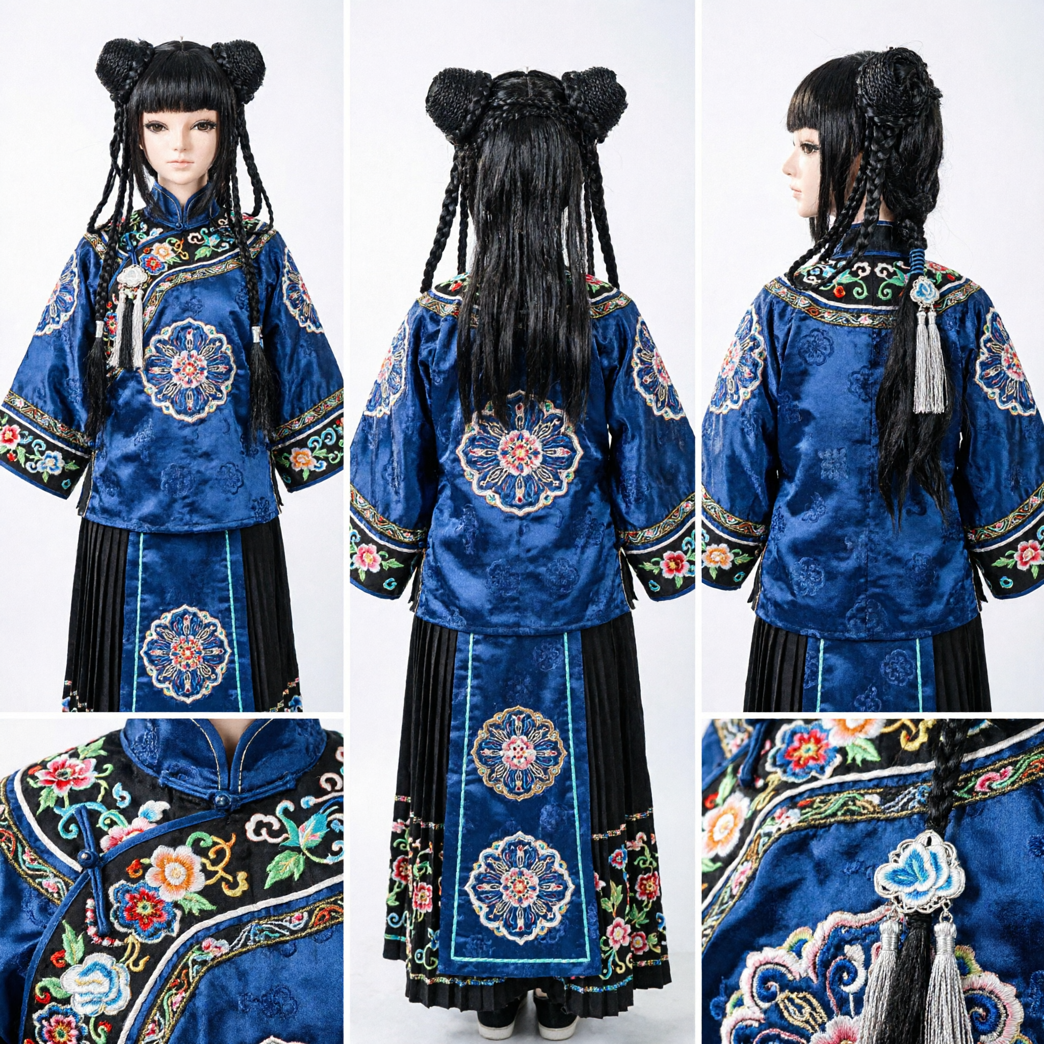 Traditional Chinese Ancient Style Wig Black Braided Double Buns for Hanfu Cosplay Costume