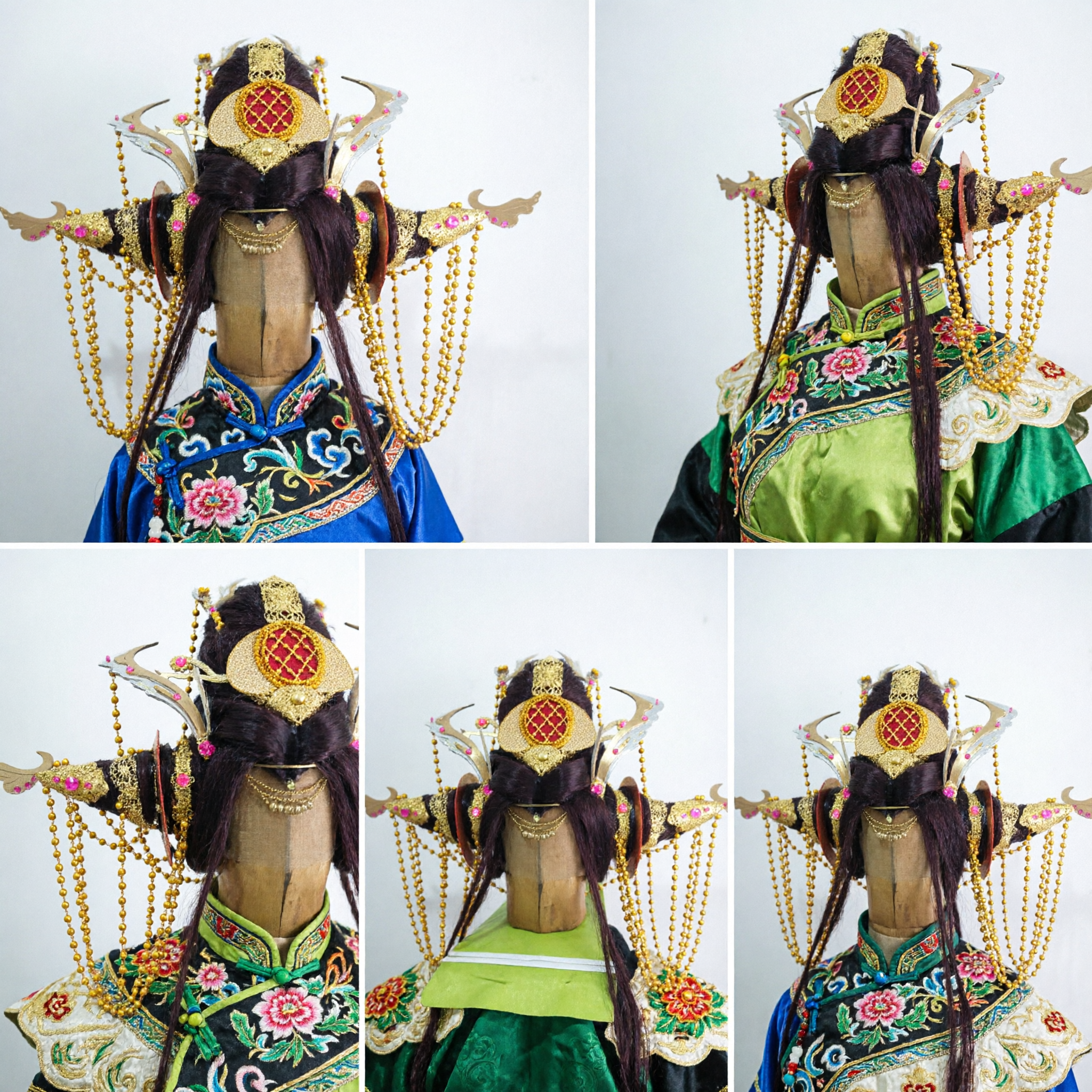 Traditional Chinese Peking Opera Female General Headdress with Pheasant Feathers and Gold Beads Costume Set