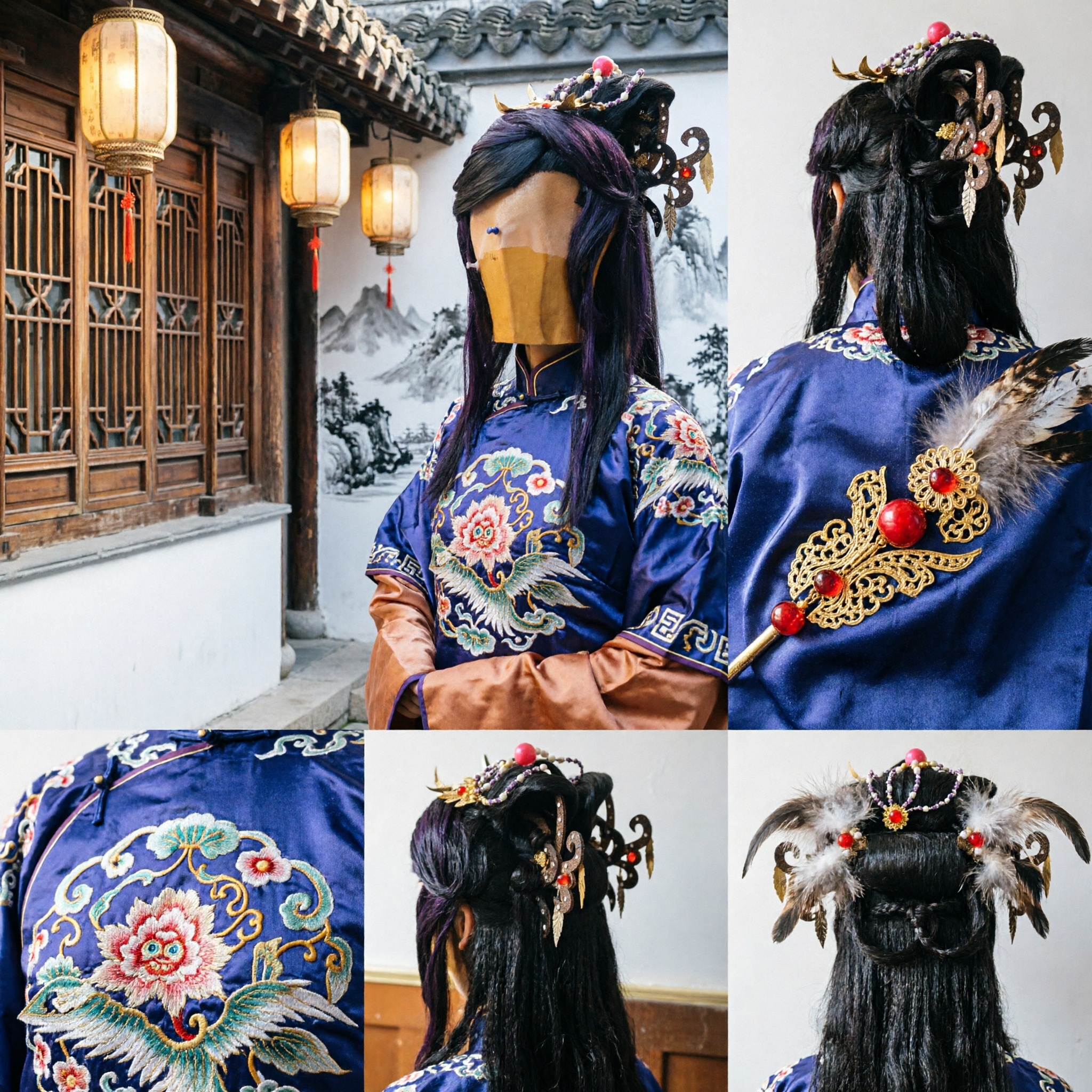 Traditional Chinese Ancient Style Black Wig with Elaborate Hair Ornaments for Cosplay and Hanfu Events