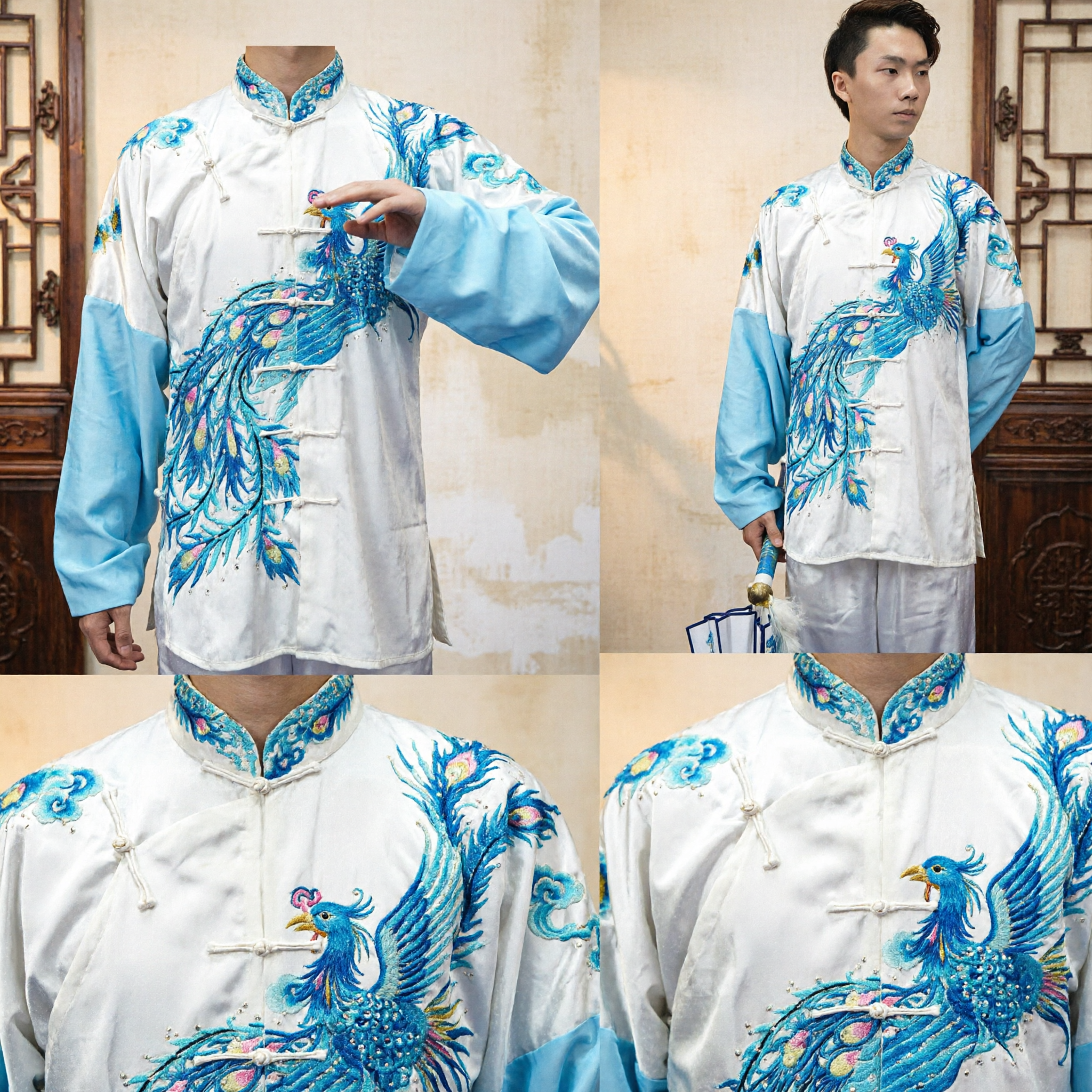Men's White Silk Tai Chi Uniform Blue Peacock Embroidery Traditional Kung Fu Wushu Performance Costume Set