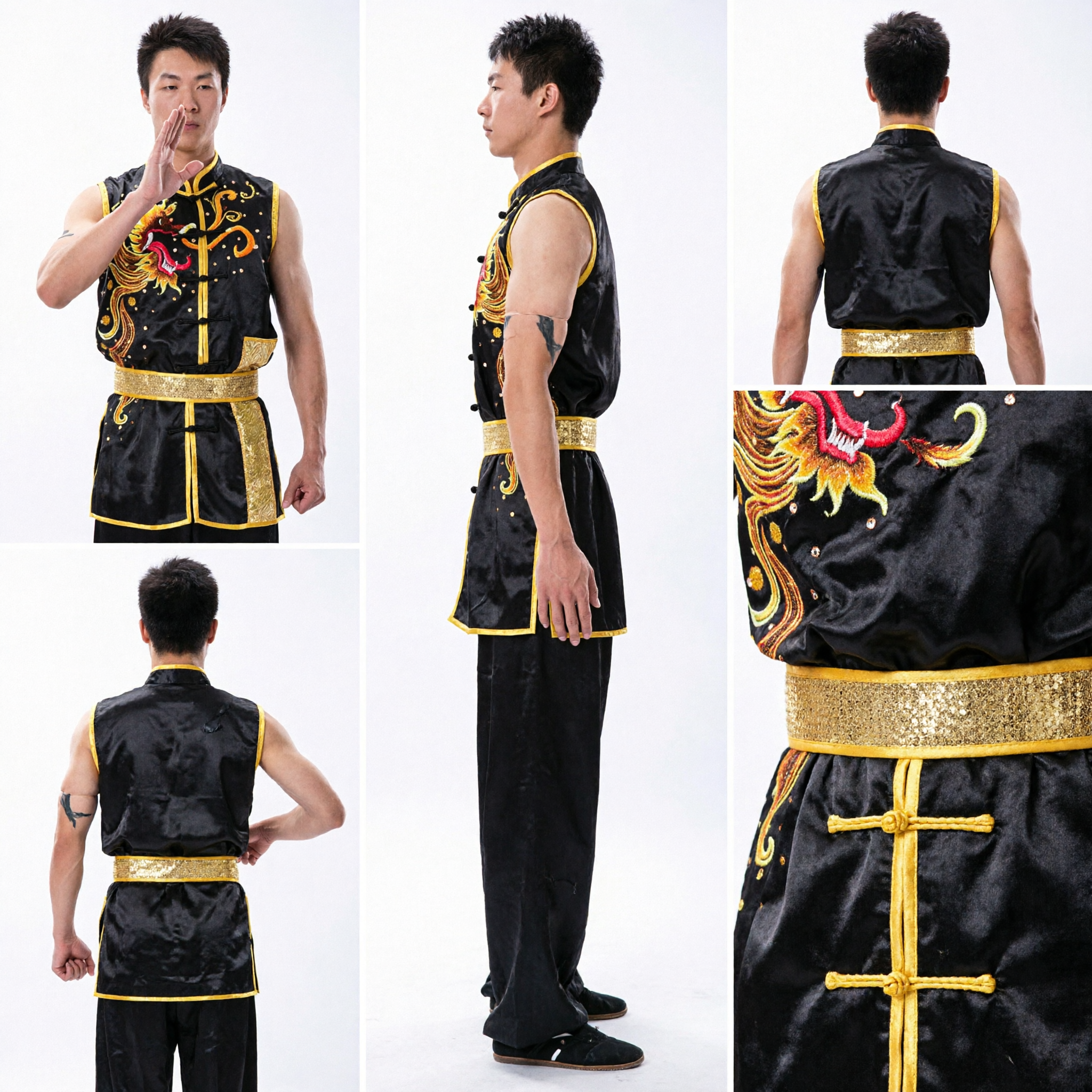Men's Black Sleeveless Kung Fu Uniform with Gold Dragon Embroidery Traditional Wushu Martial Arts Competition Costume