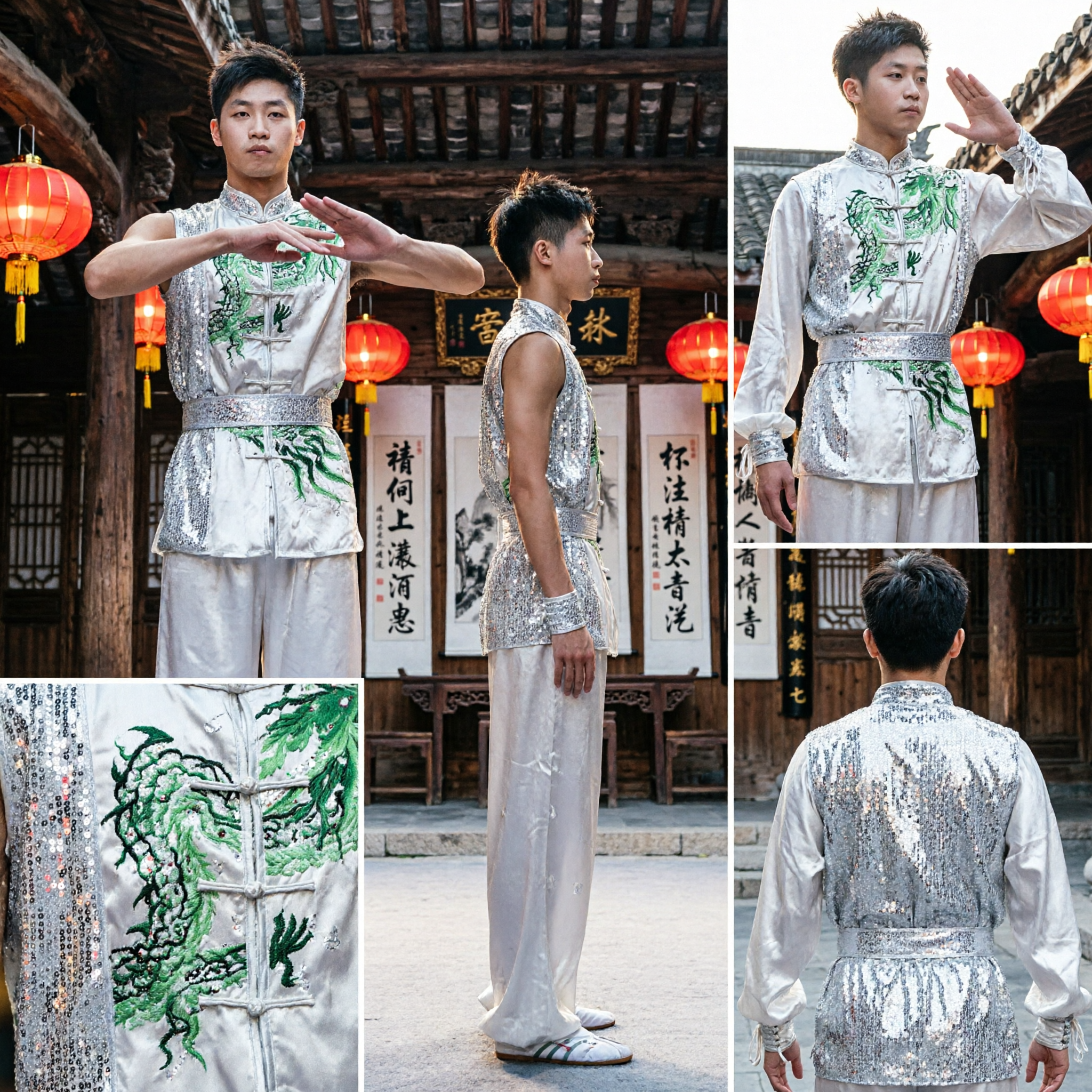 Mens Traditional Wushu Uniform Sleeveless White Green Dragon Embroidery Sequin Kung Fu Performance Costume