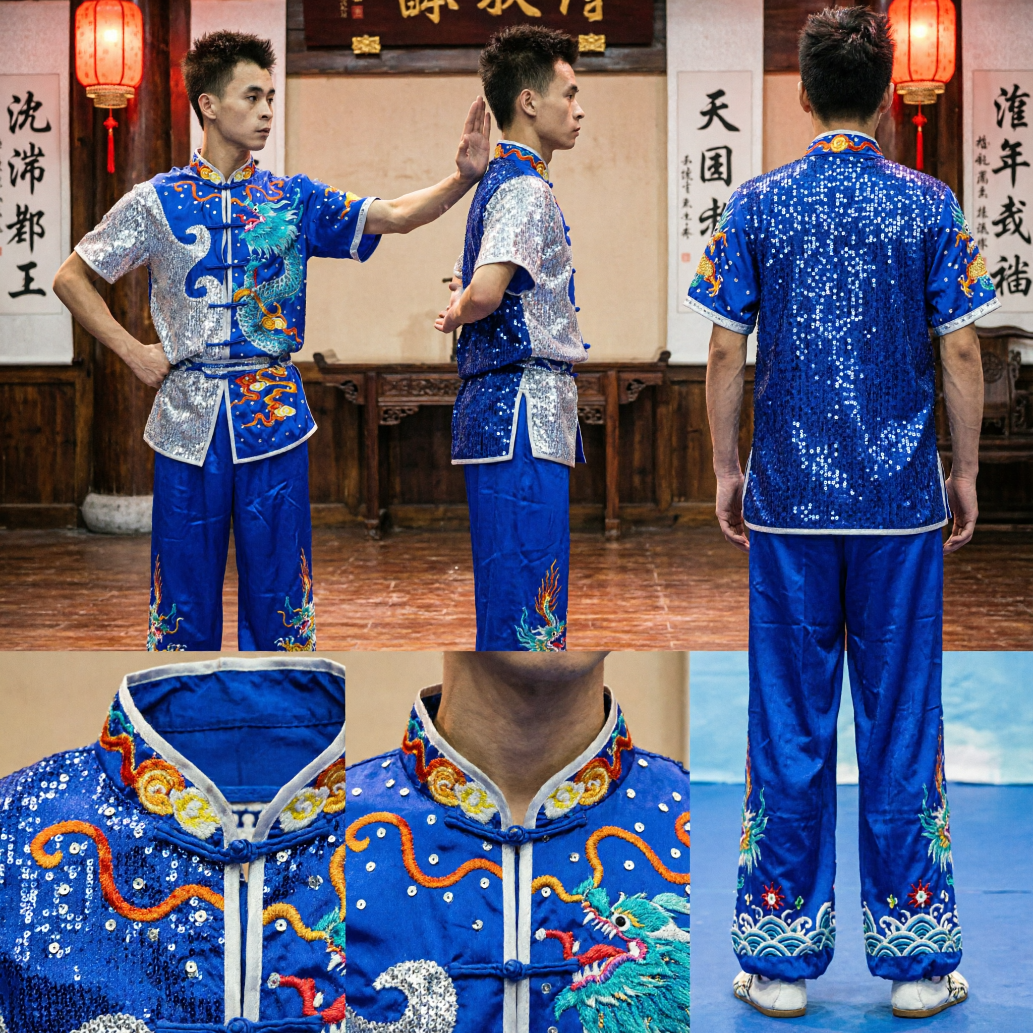 Men's Blue Dragon Embroidered Wushu Uniform Traditional Kung Fu Performance Costume for Martial Arts Competition and Training