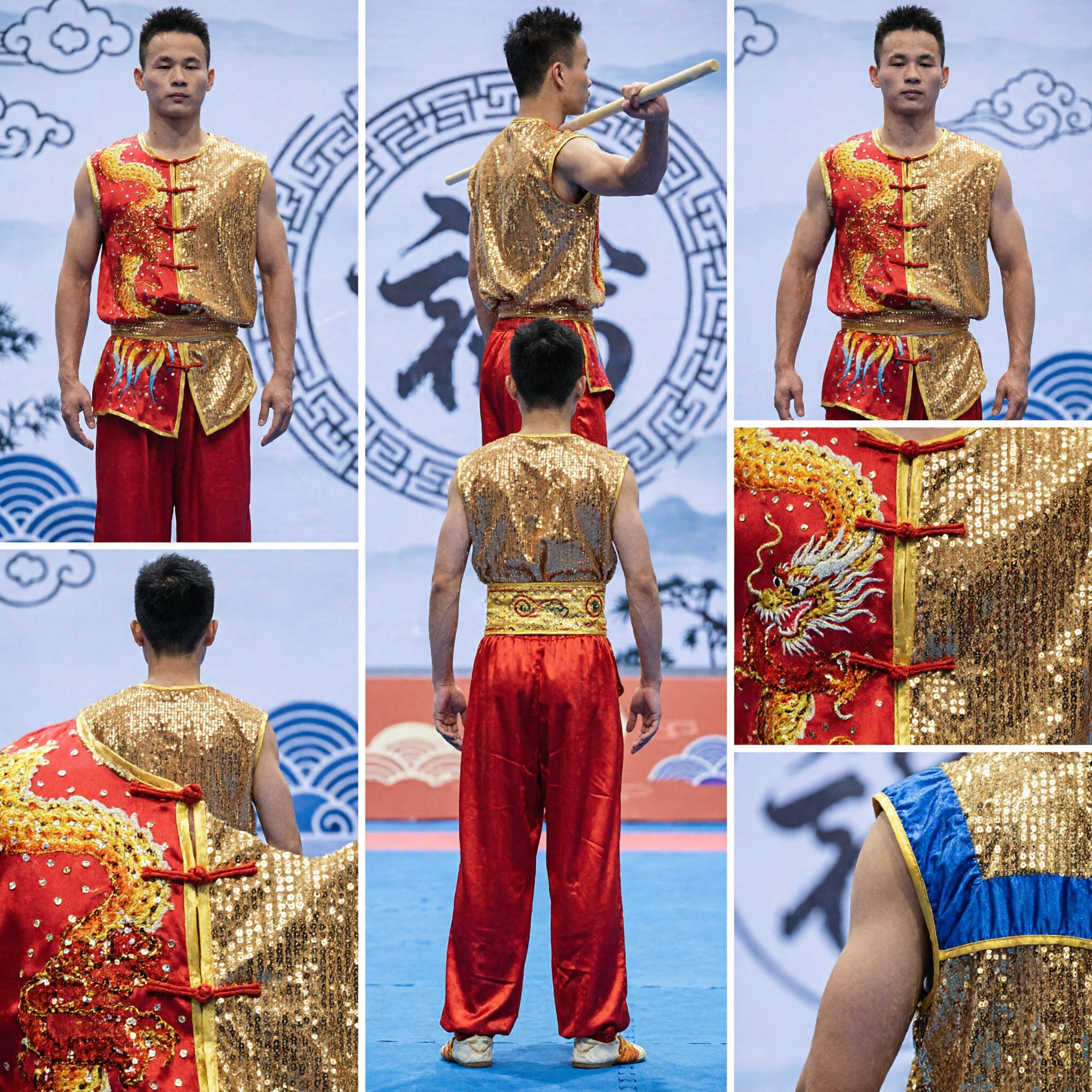 Men's Professional Wushu Changquan Uniform Red Gold Dragon Embroidery Sequin Kung Fu Competition Performance Costume
