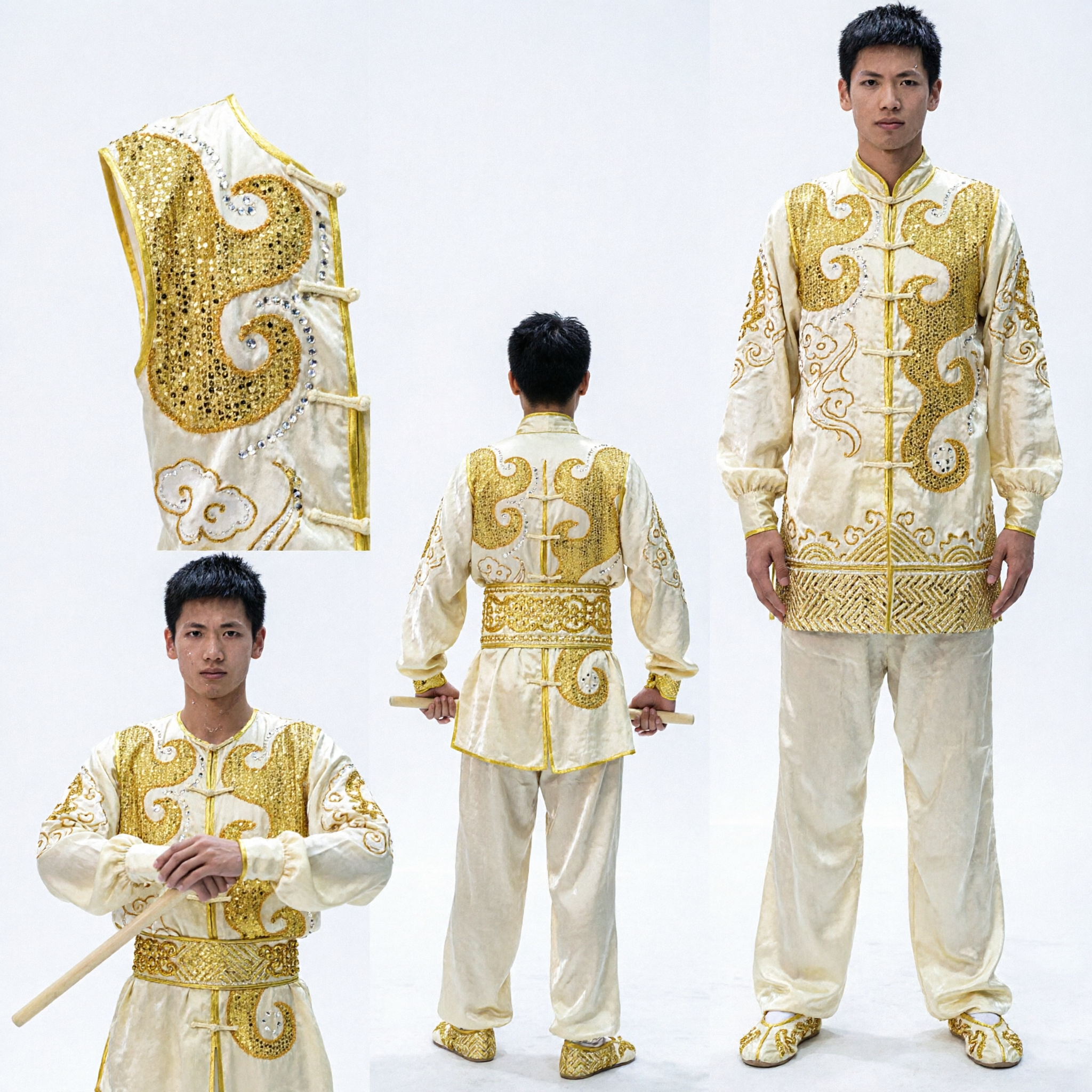 Men's Professional Sleeveless Wushu Kung Fu Uniform Gold Embroidered Traditional Chinese Martial Arts Competition Costume