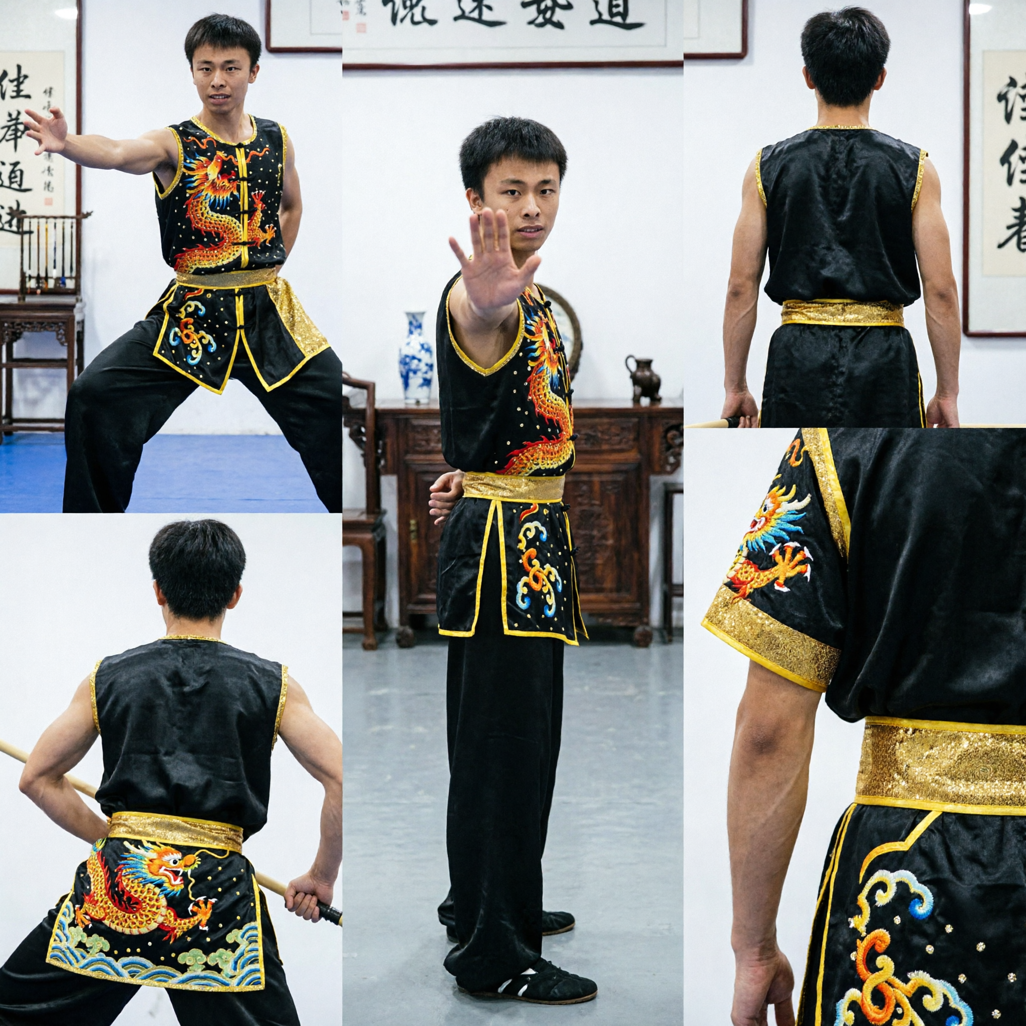 Men's Black Sleeveless Dragon Embroidered Wushu Kung Fu Uniform Traditional Martial Arts Competition Performance Costume