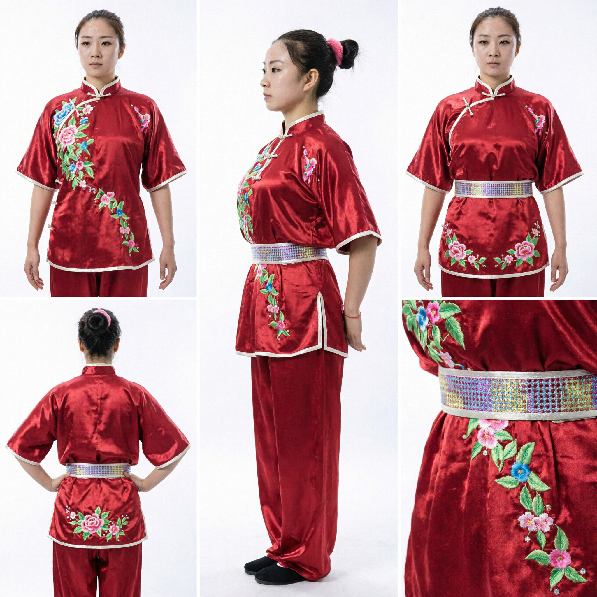 Women's Red Silk Kung Fu Uniform Floral Embroidered Wushu Martial Arts Performance Costume Set