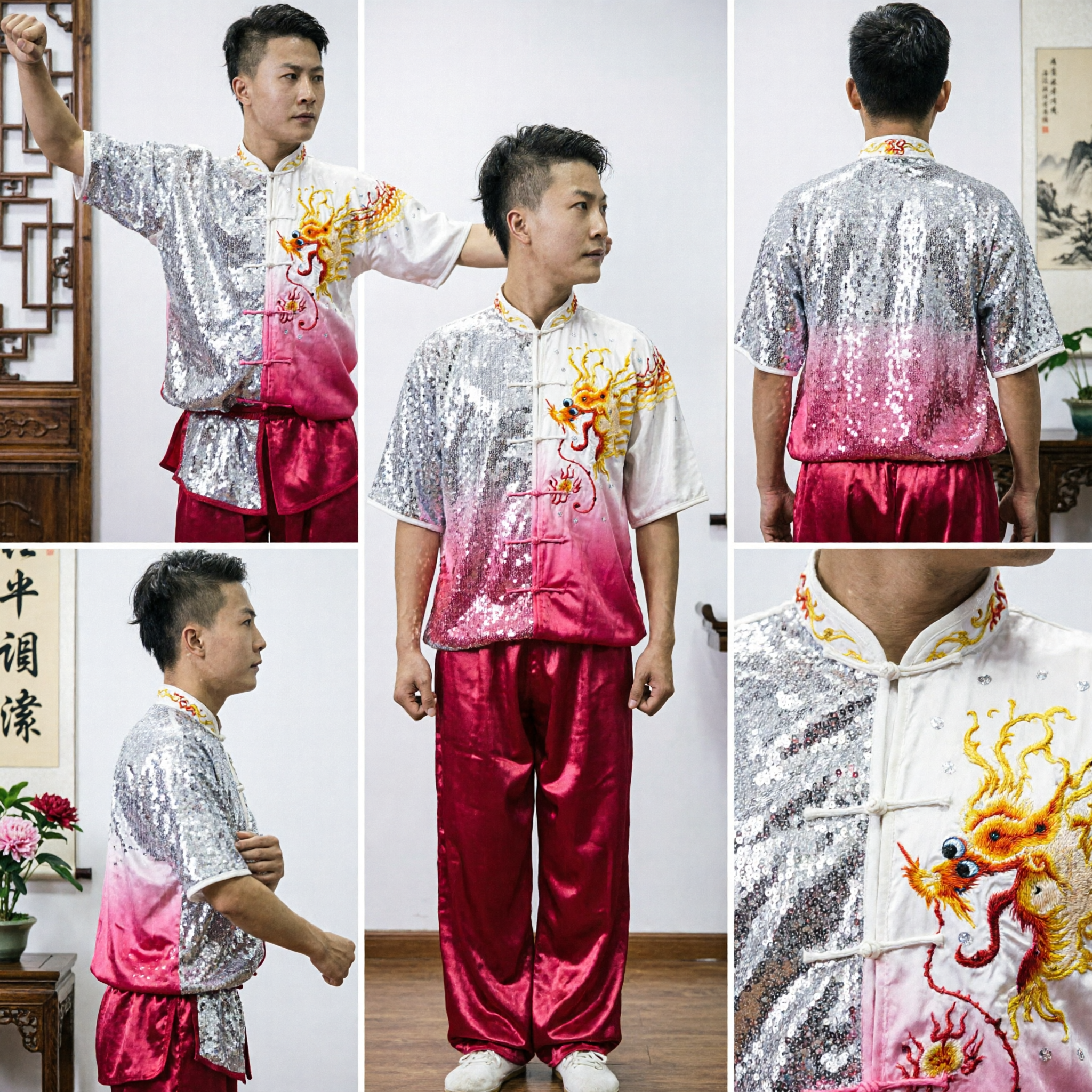 Men's Traditional Chinese Wushu Costume Dragon Phoenix Sequin Kung Fu Uniform Martial Arts Performance Shirt