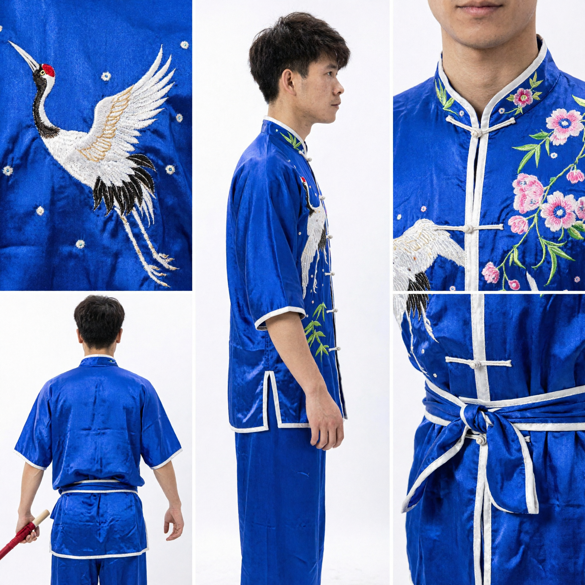 Men's Blue Traditional Chinese Kung Fu Uniform Silk Martial Arts Costume with Crane Embroidery for Wushu