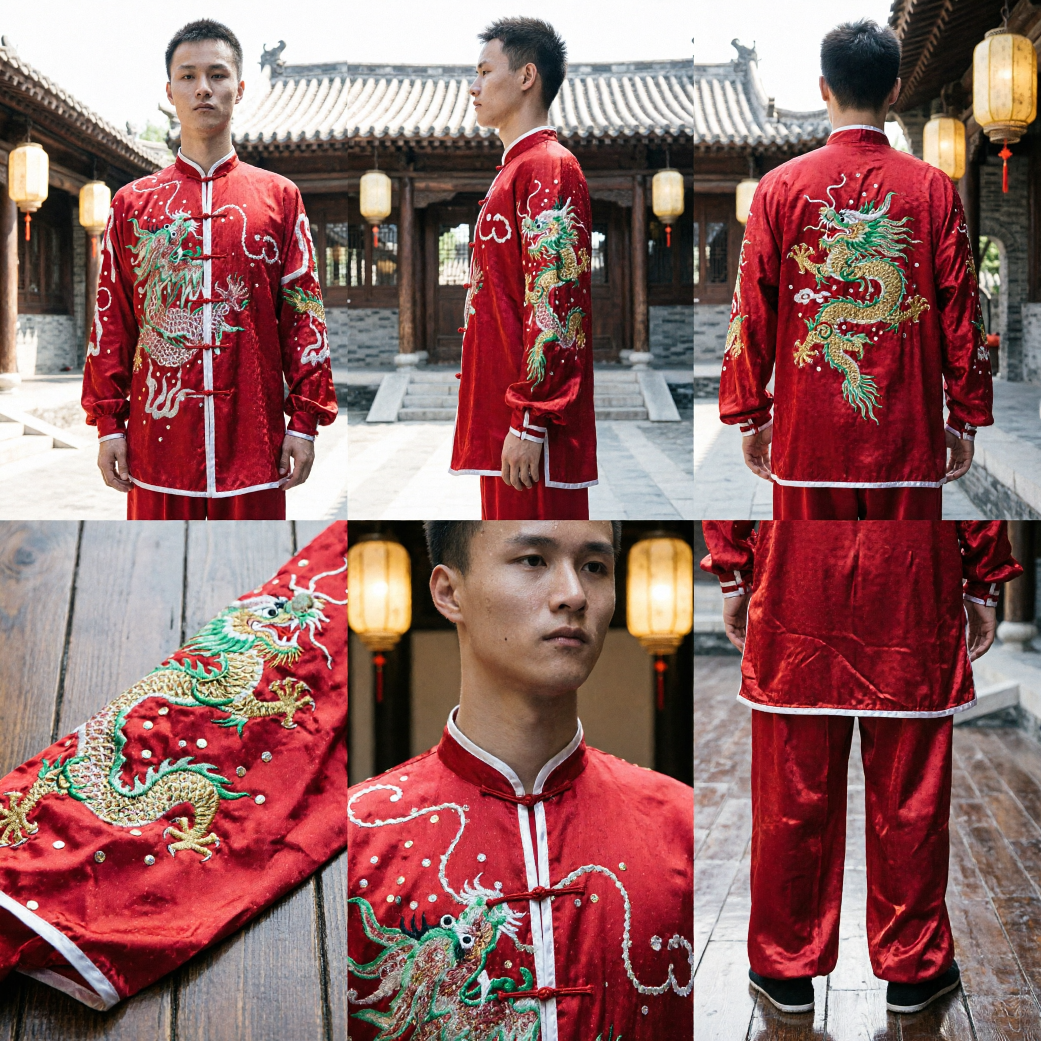Men's Red Dragon Embroidery Kung Fu Uniform Traditional Wushu Martial Arts Performance Costume