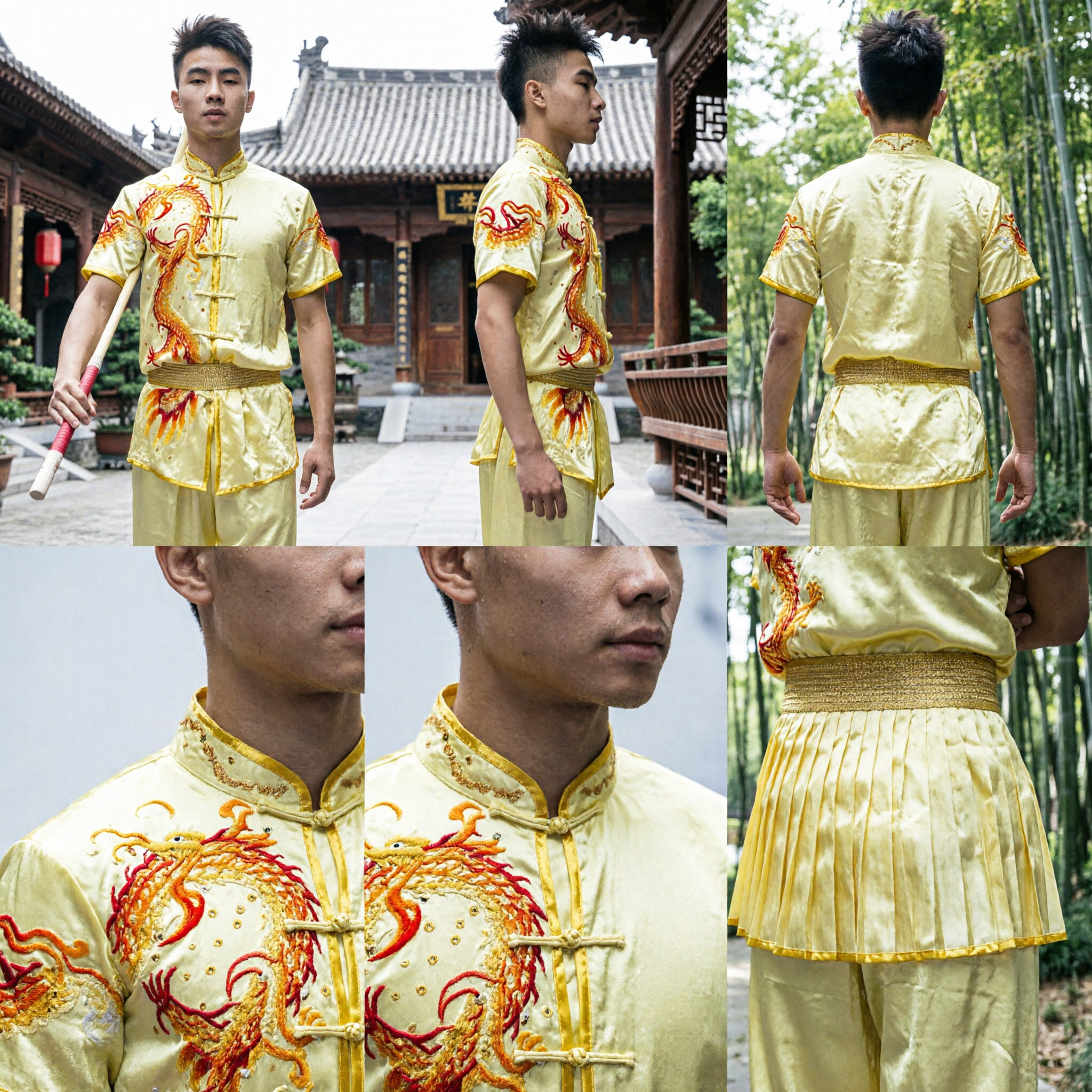 Men's Yellow Dragon Embroidery Kung Fu Uniform Traditional Wushu Martial Arts Performance Satin Costume Suit