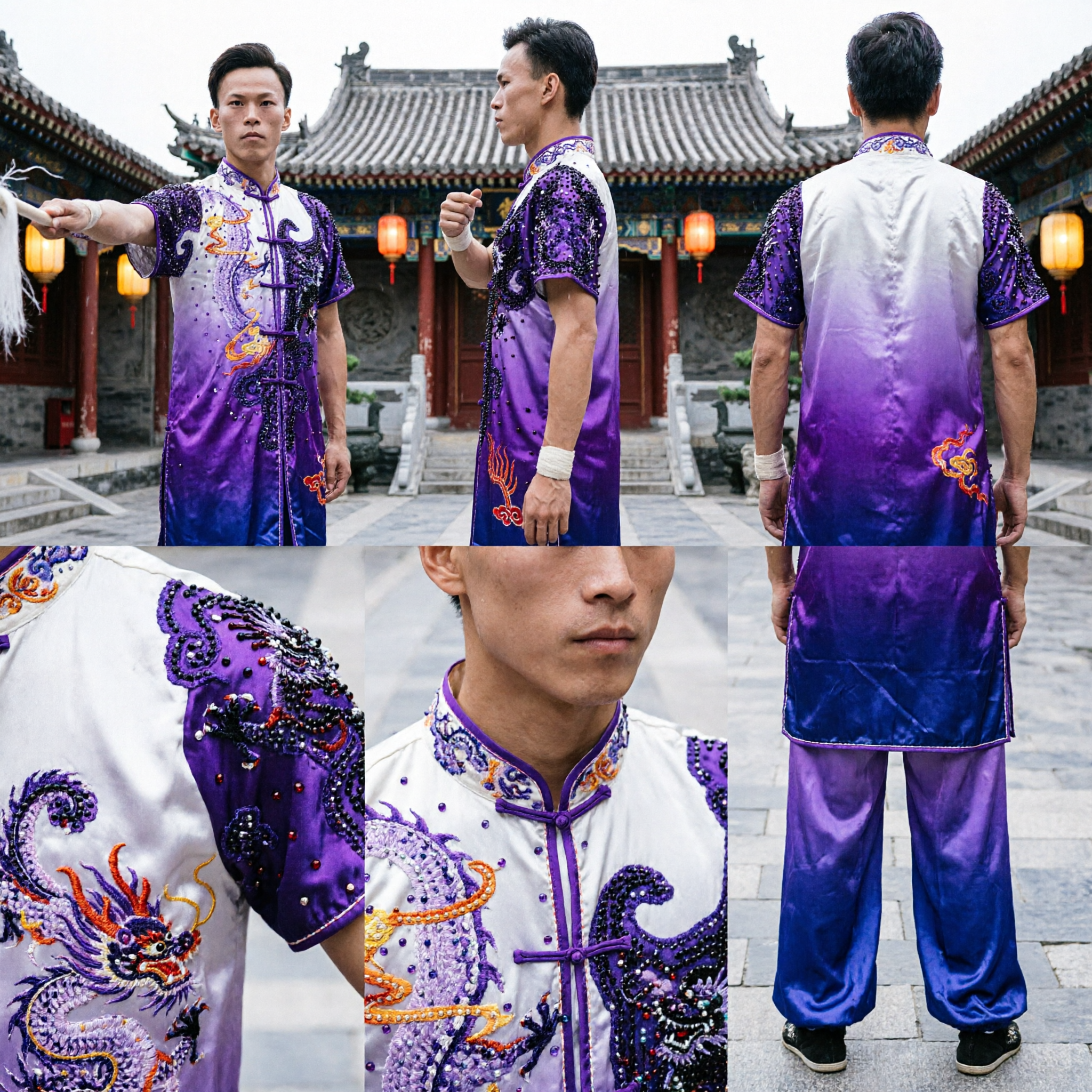 Men's Purple Wushu Uniform with Gold Dragon Embroidery Traditional Kung Fu Tai Chi Competition Costume