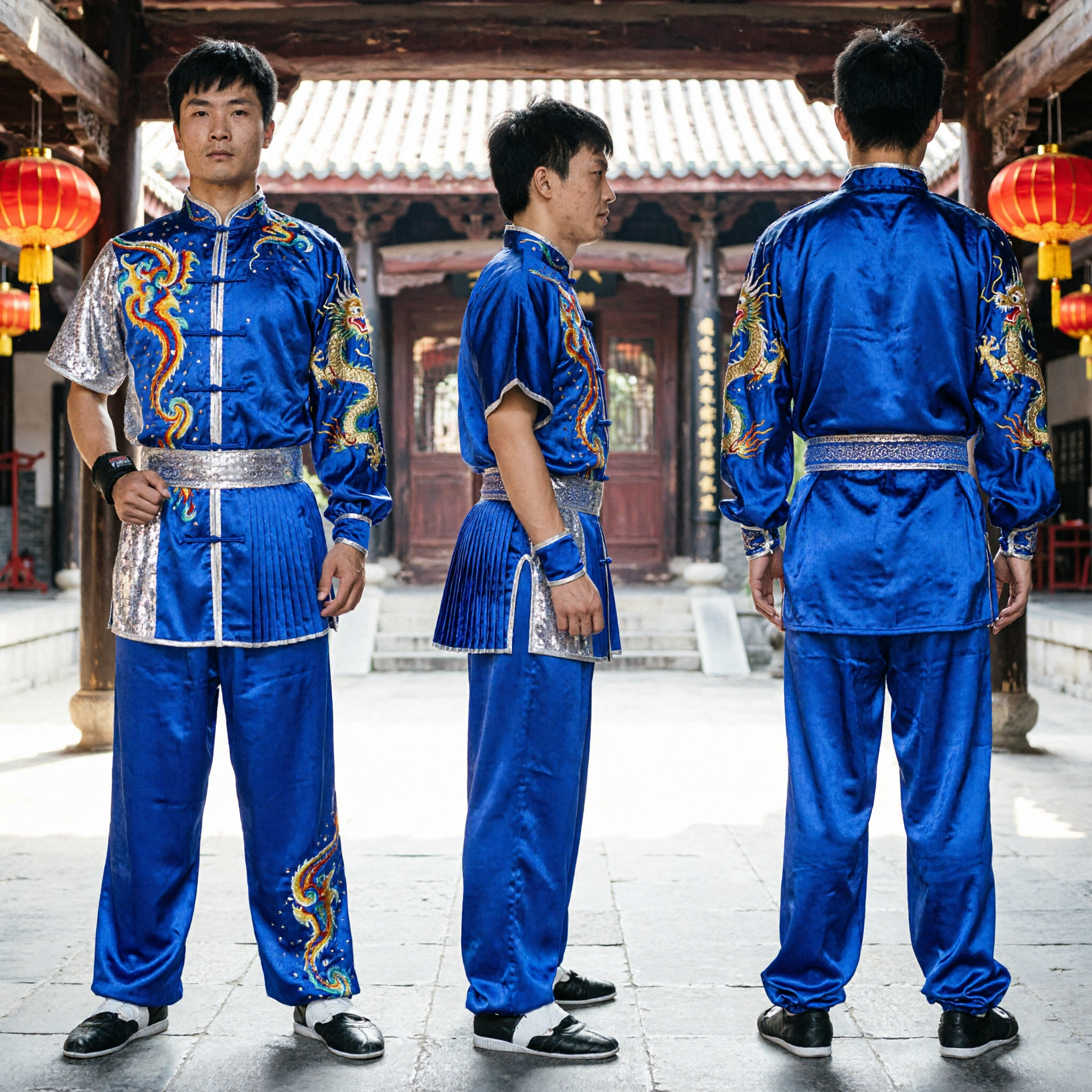 Men's Blue Dragon Embroidery Wushu Uniform Professional Kung Fu Costume for Competition and Performance