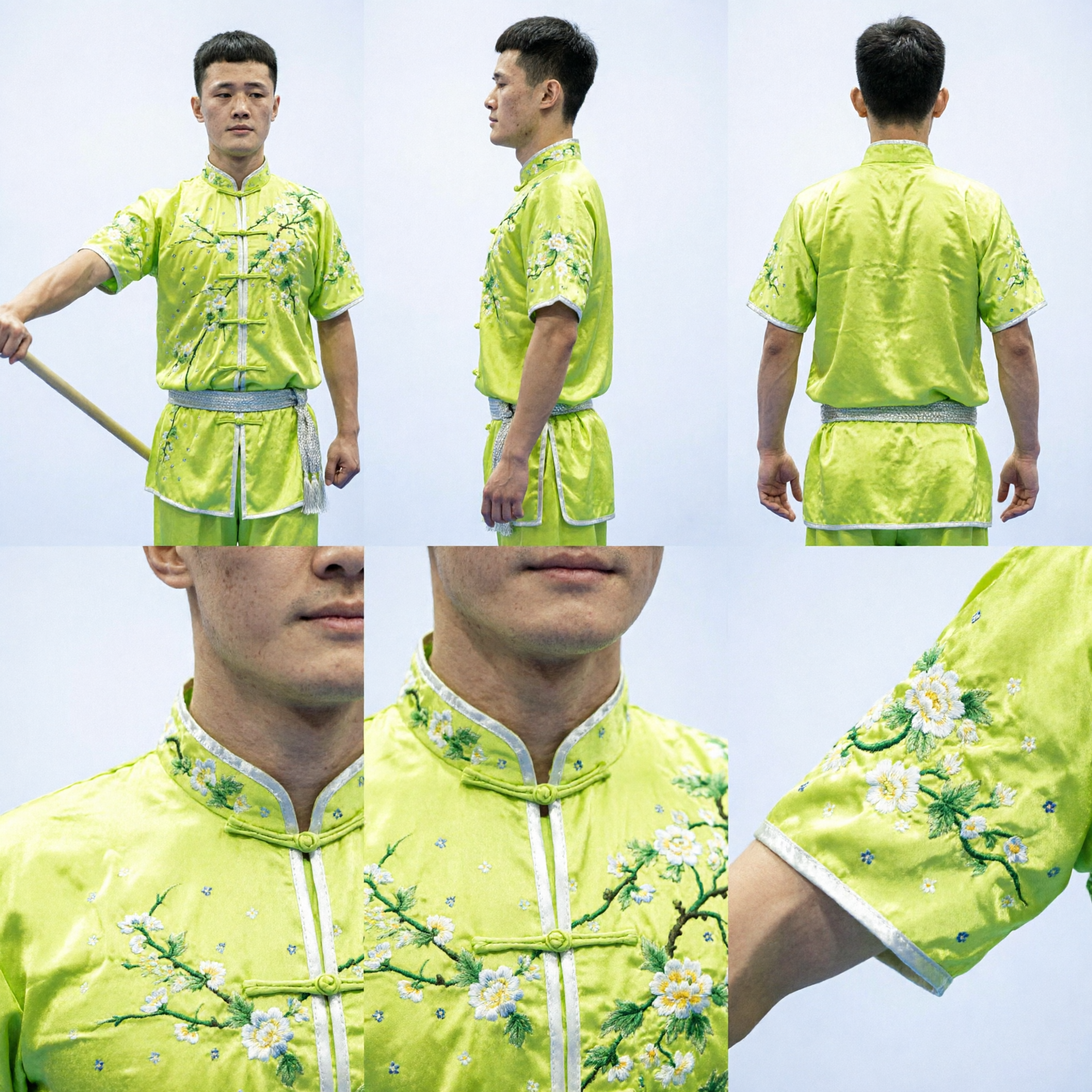 Men's Lime Green Embroidered Wushu Kung Fu Uniform Traditional Chinese Martial Arts Competition Costume
