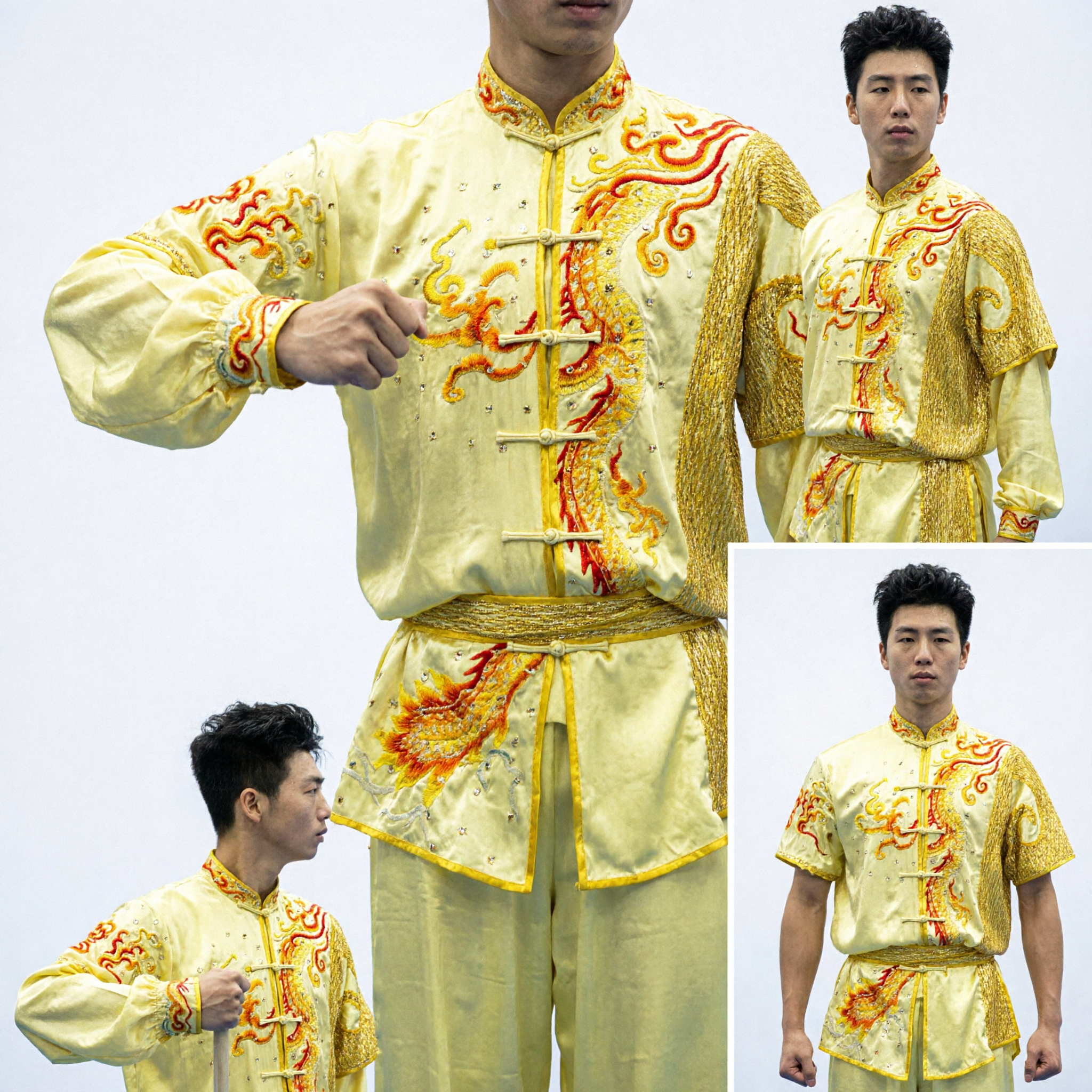 Men's Yellow Silk Dragon Embroidery Kung Fu Uniform Traditional Chinese Wushu Martial Arts Competition Suit