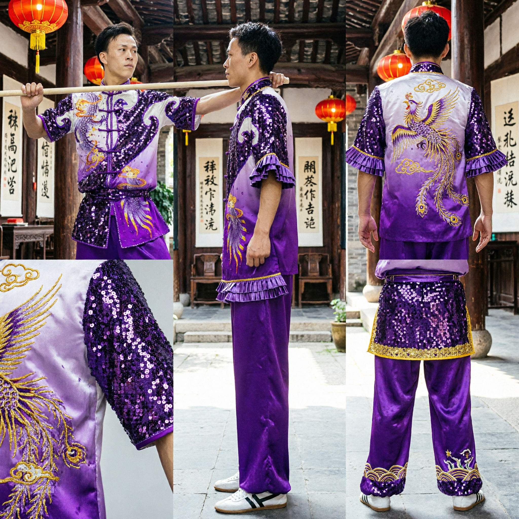 Men's Purple Sequin Wushu Uniform Traditional Chinese Kung Fu Changquan Competition Performance Suit with Dragon Embroidery