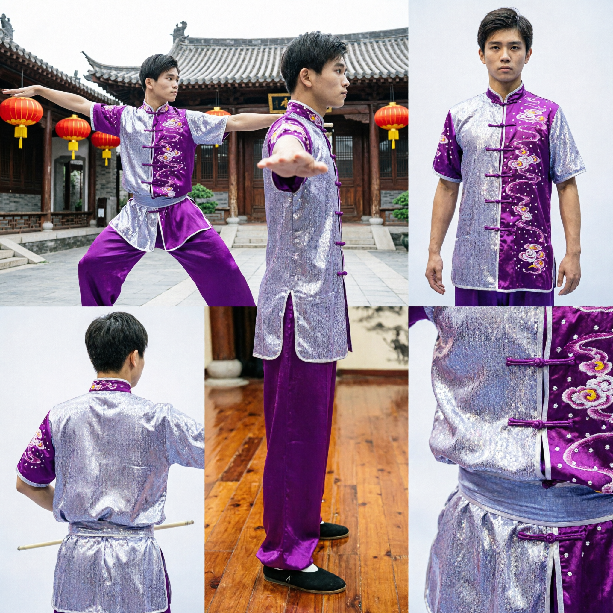 Men's Professional Purple and Silver Sequin Wushu Uniform Traditional Kung Fu Competition Costume for Martial Arts
