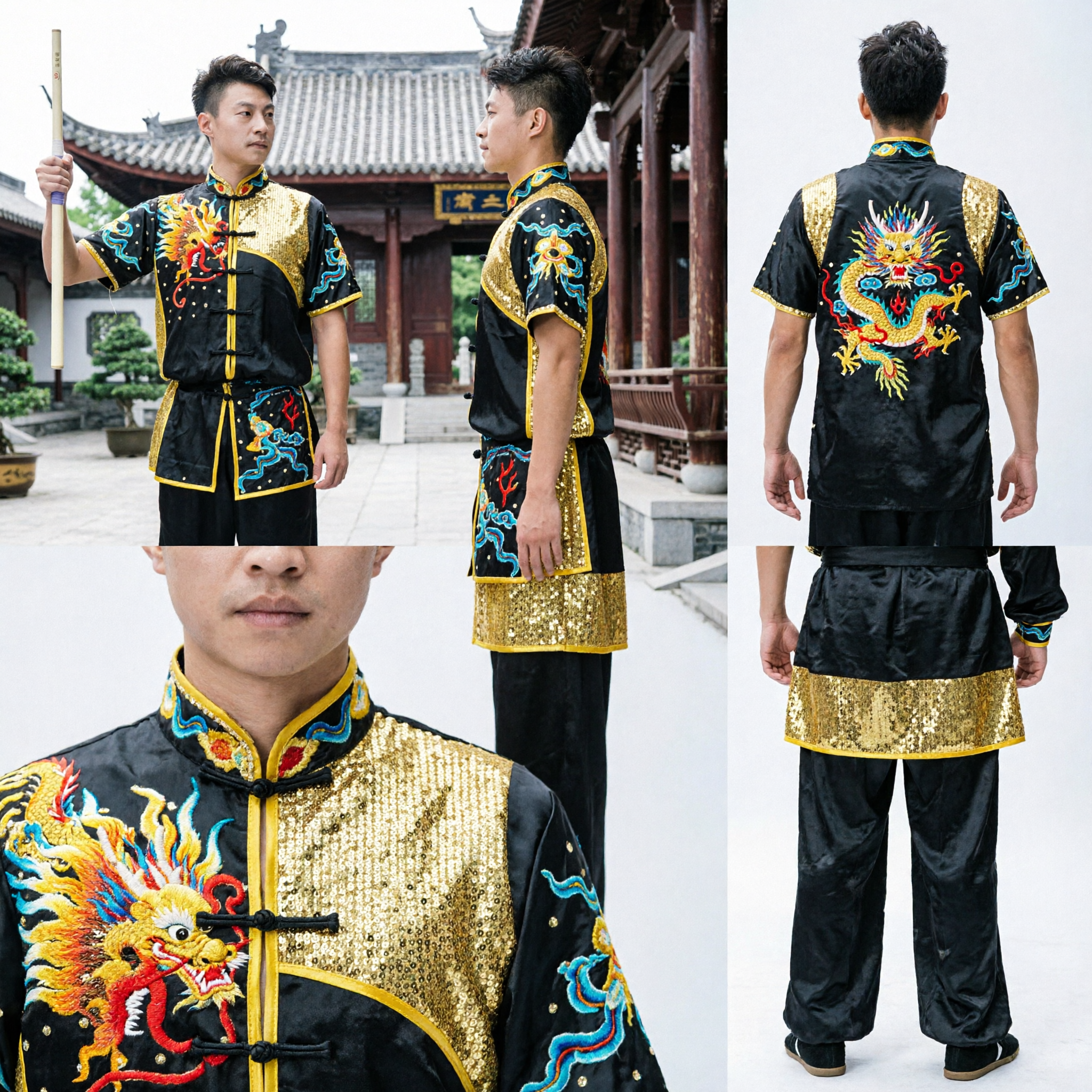 Men's Black Dragon Embroidery Kung Fu Uniform Gold Sequin Wushu Competition Costume Traditional Martial Arts Clothing