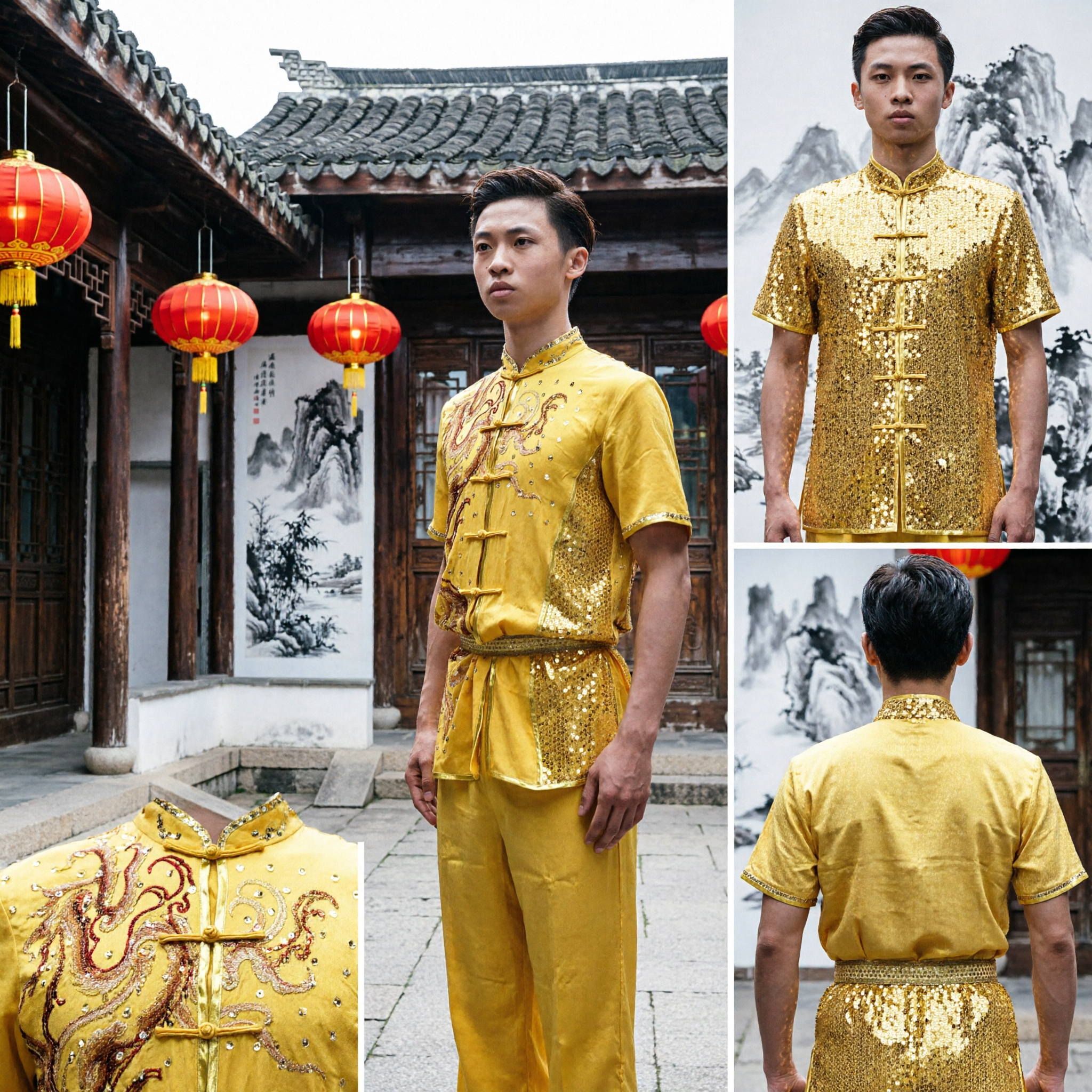 Men's Yellow Chinese Tang Suit Kung Fu Uniform Martial Arts Dragon Embroidery Performance Costume with Sequins