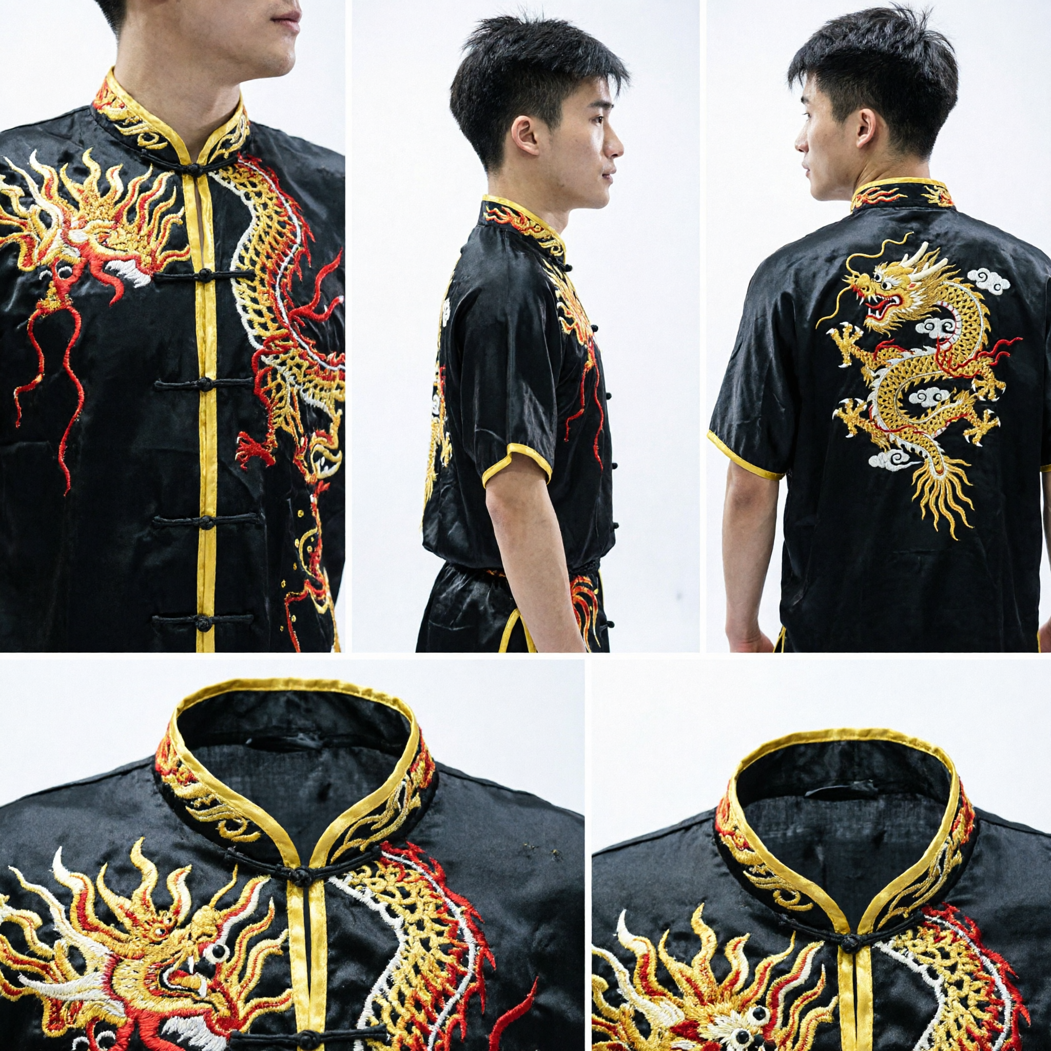Traditional Black Silk Kung Fu Uniform with Gold Dragon Embroidery Men's Wushu Tai Chi Suit