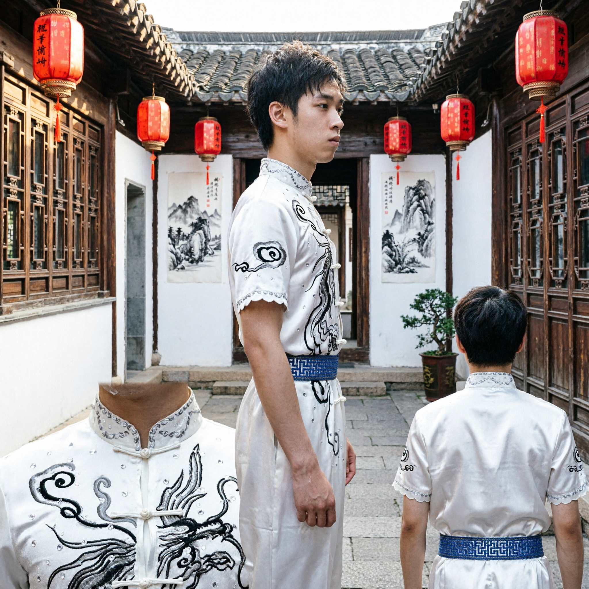 Men's White Short Sleeve Dragon Embroidered Wushu Kung Fu Uniform Traditional Martial Arts Performance Suit