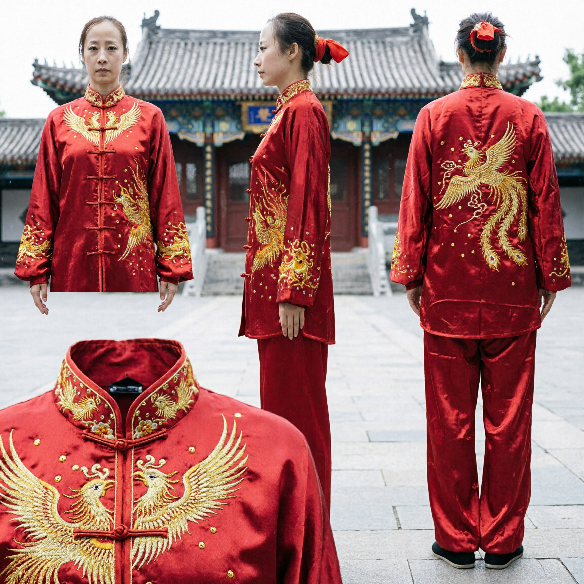 Women's Red Silk Tai Chi Uniform Traditional Chinese Kung Fu Suit Gold Embroidered Phoenix Martial Arts Performance Costume