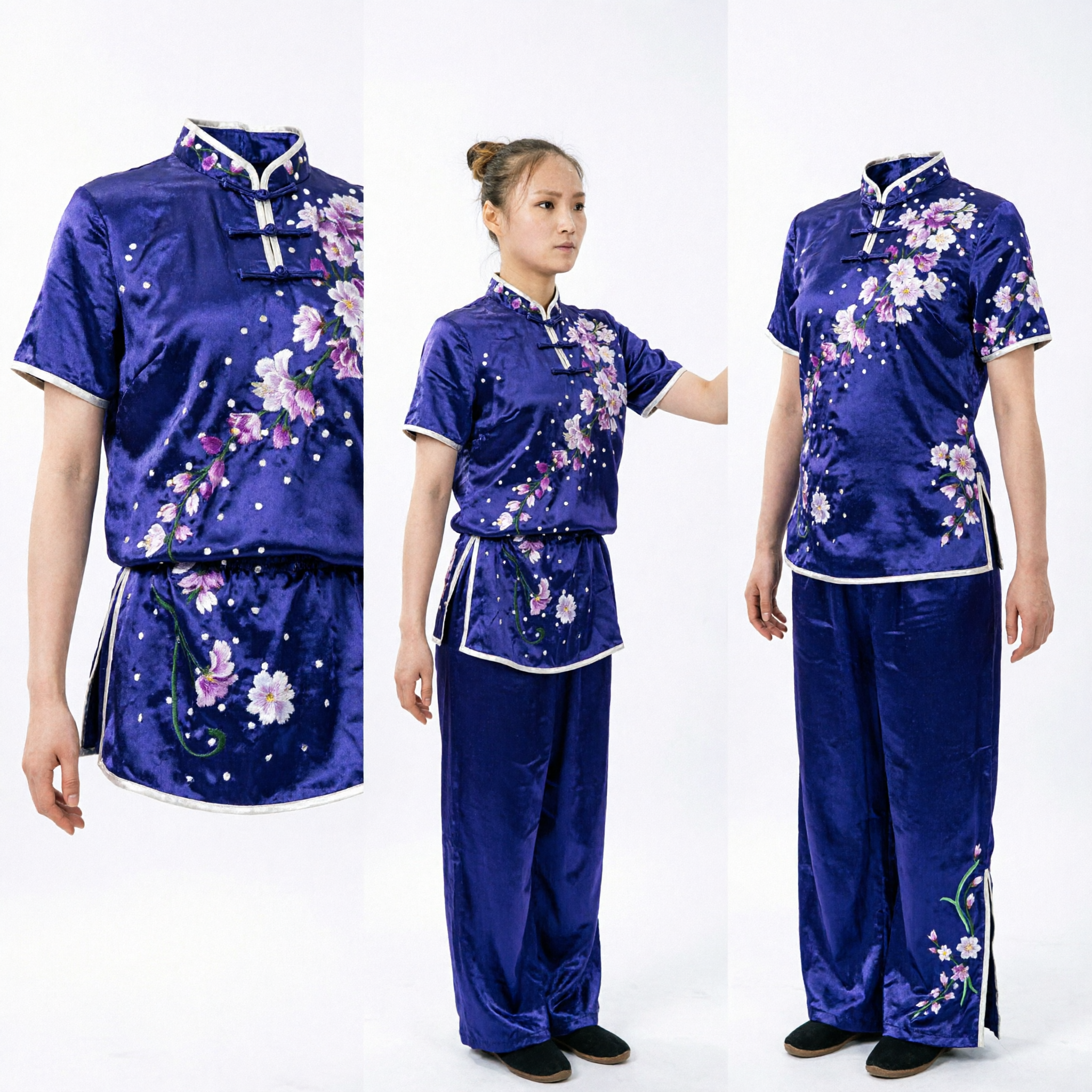 Women's Blue Silk Tai Chi Uniform Floral Embroidery Traditional Chinese Kung Fu Wushu Martial Arts Competition Suit