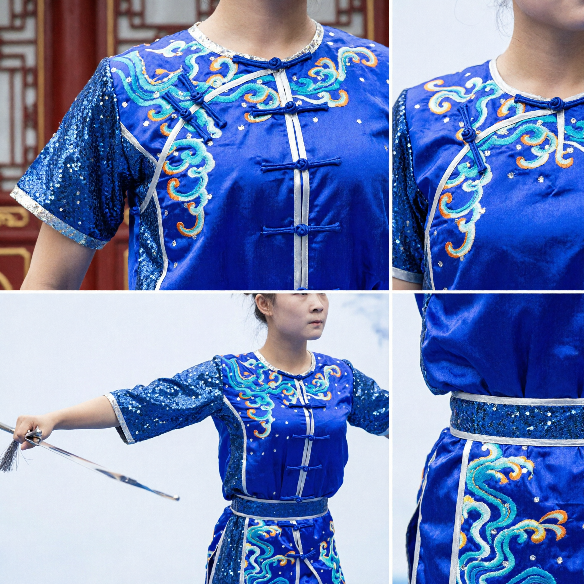 Women's Blue Wushu Uniform Traditional Kung Fu Suit Dragon Embroidery Sequin Martial Arts Competition Costume
