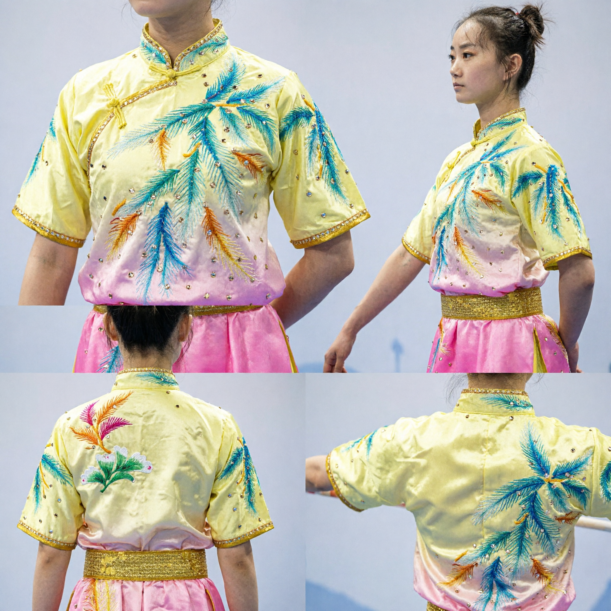 Women's Professional Wushu Competition Uniform Yellow Pink Gradient Kung Fu Suit with Phoenix Embroidery