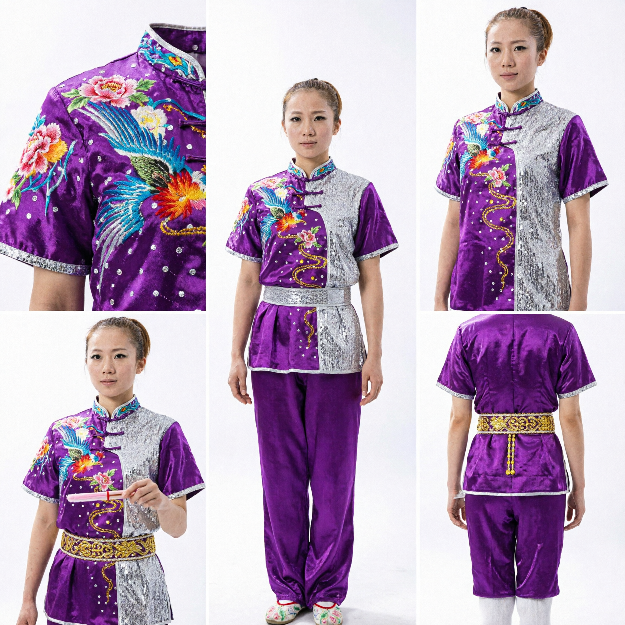 Women's Purple Phoenix Embroidered Tai Chi Uniform Short Sleeve Wushu Kung Fu Traditional Performance Competition Suit