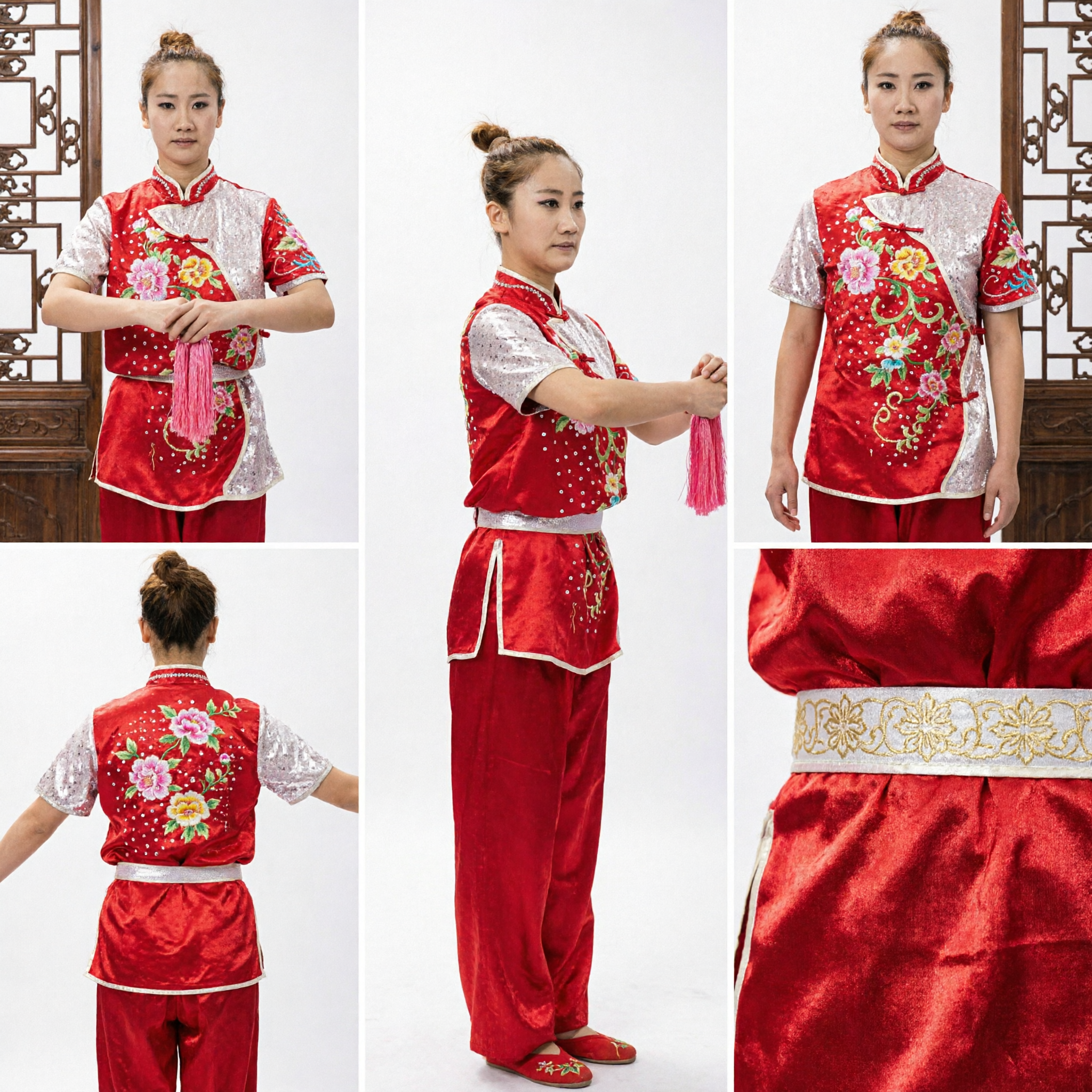 Women's Red Floral Embroidered Traditional Wushu Kung Fu Tai Chi Competition Performance Uniform Costume