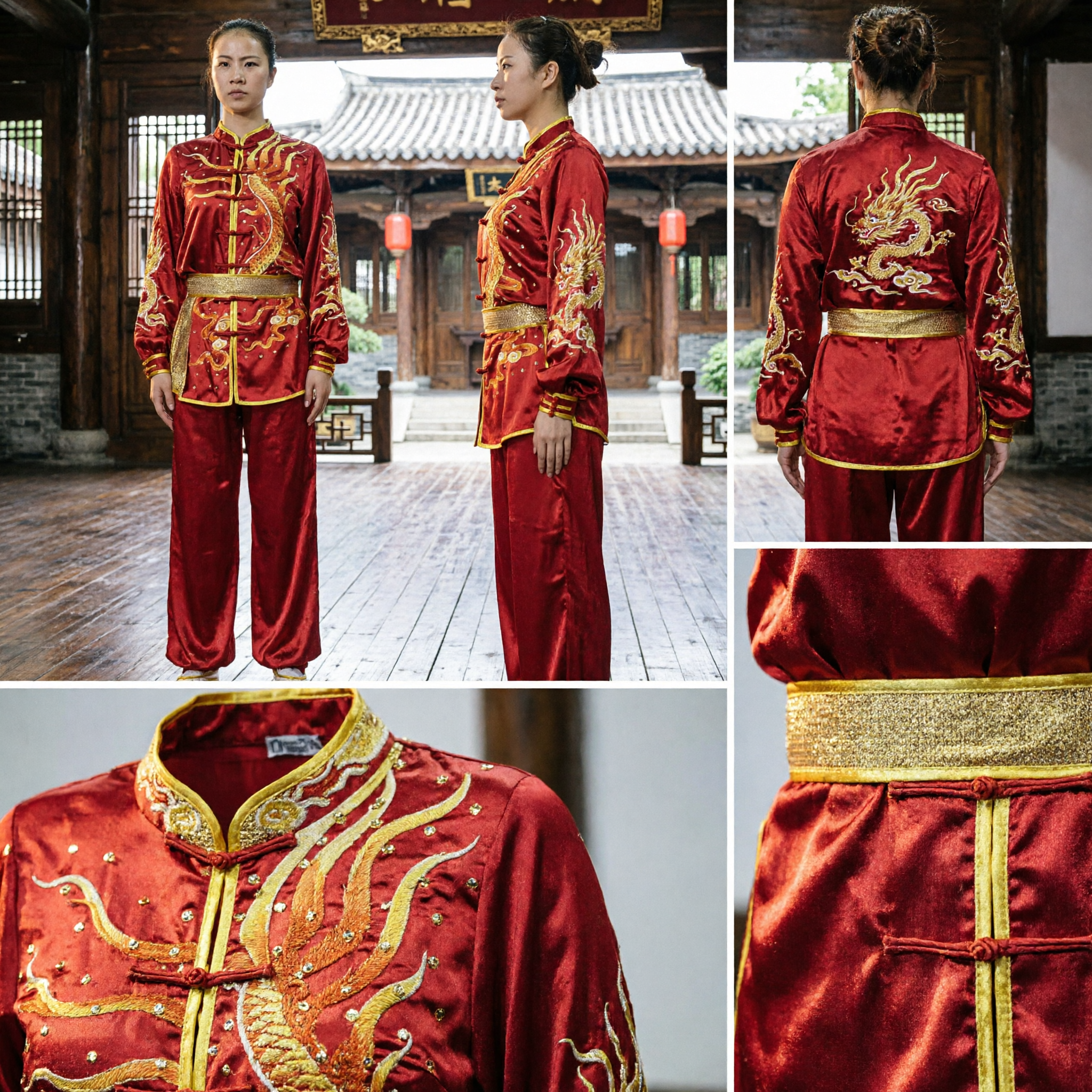 Red Silk Dragon Embroidery Chinese Martial Arts Uniform Women Wushu Kung Fu Competition Changquan Suit