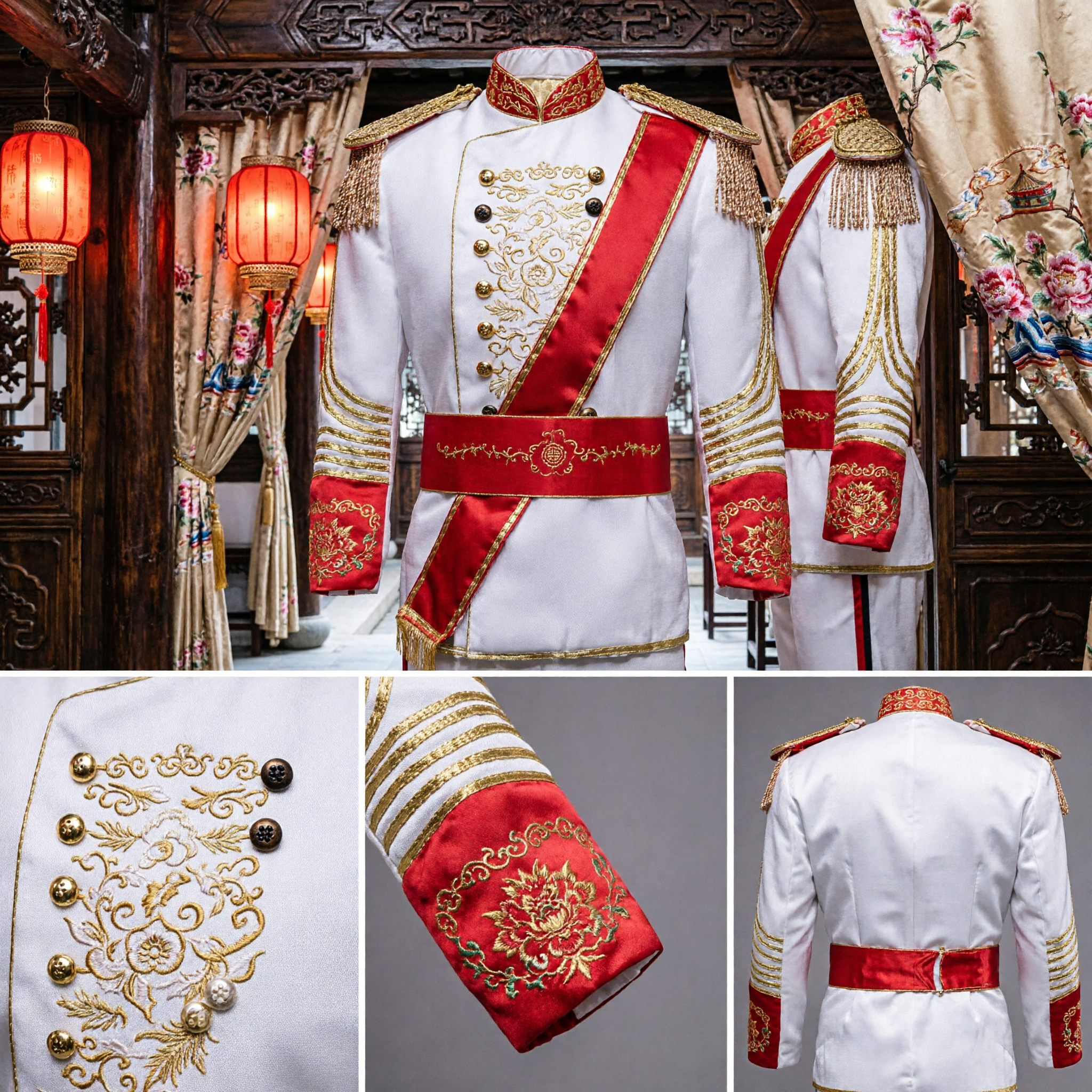 Men's White Military Marching Band Uniform with Gold Epaulets and Red Sash for Performance