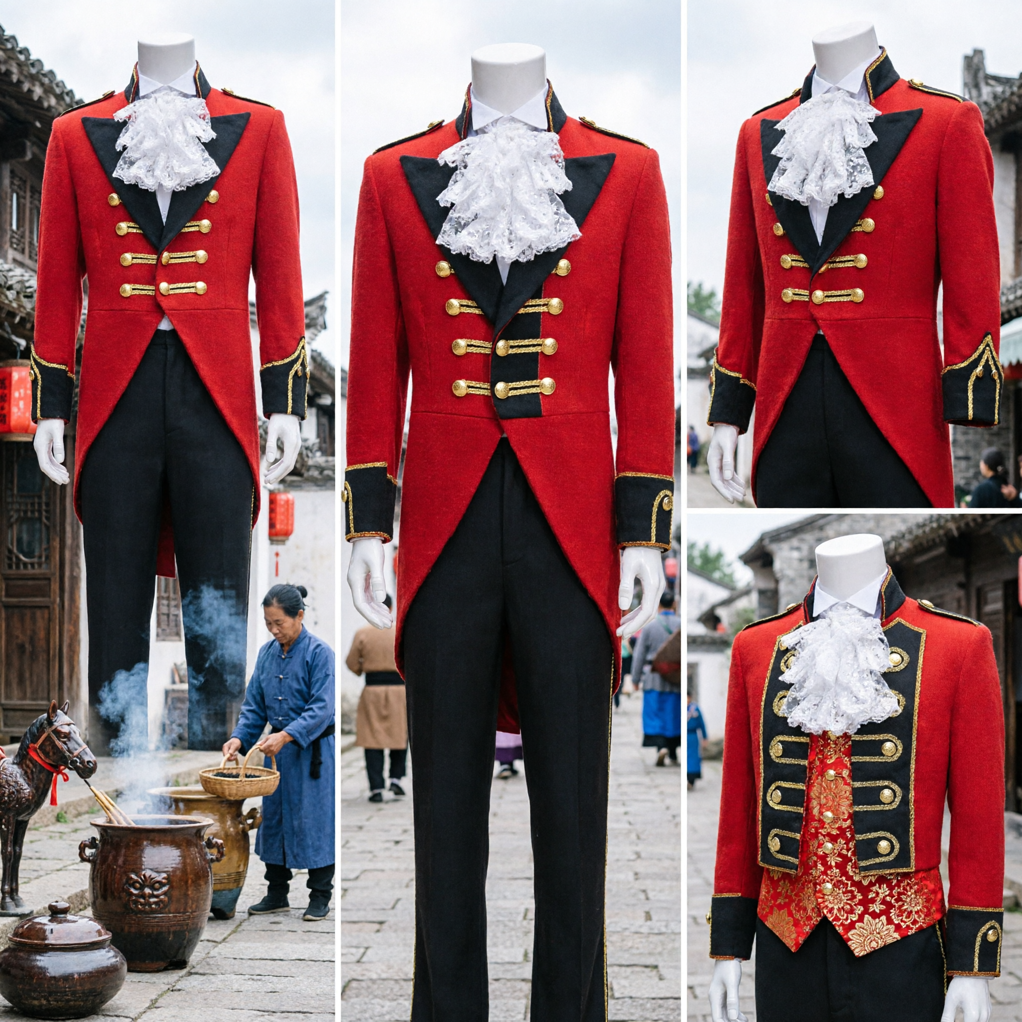 Men's Red Ringmaster Costume Victorian Prince Suit with Gold Button Tailcoat for Halloween Cosplay and Stage Performance