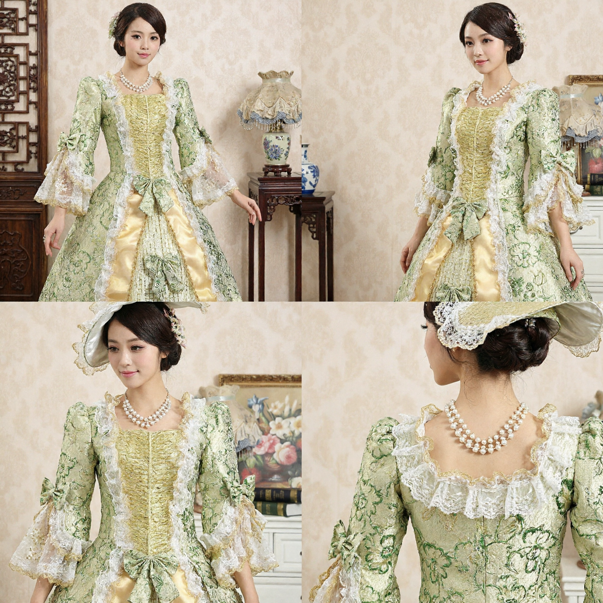 Women's Green Rococo Marie Antoinette Costume Victorian Baroque Lace Gown for Cosplay Stage Performance