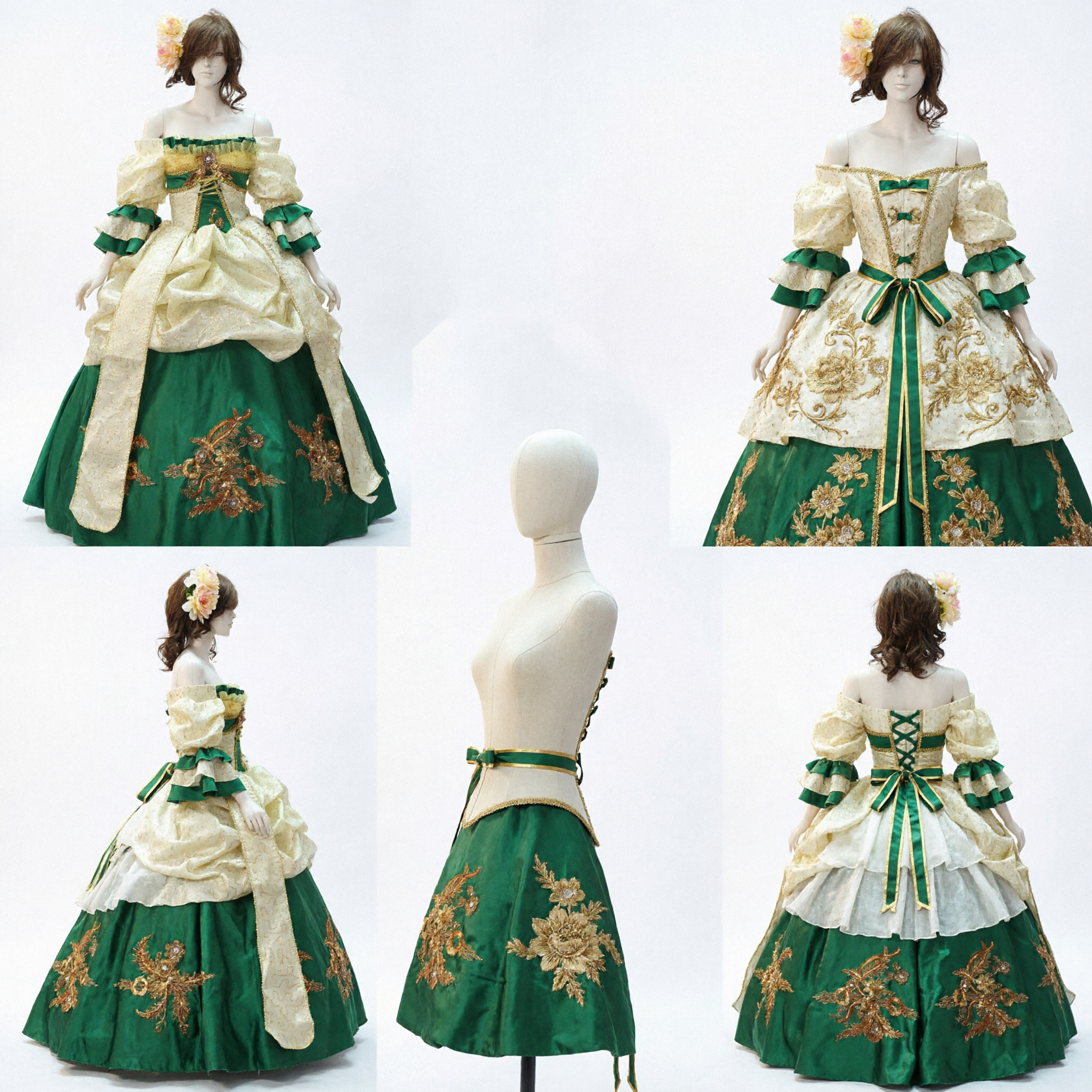 Elegant Green and Gold Renaissance Ball Gown Costume for Women Historical Cosplay Masquerade Party Dress