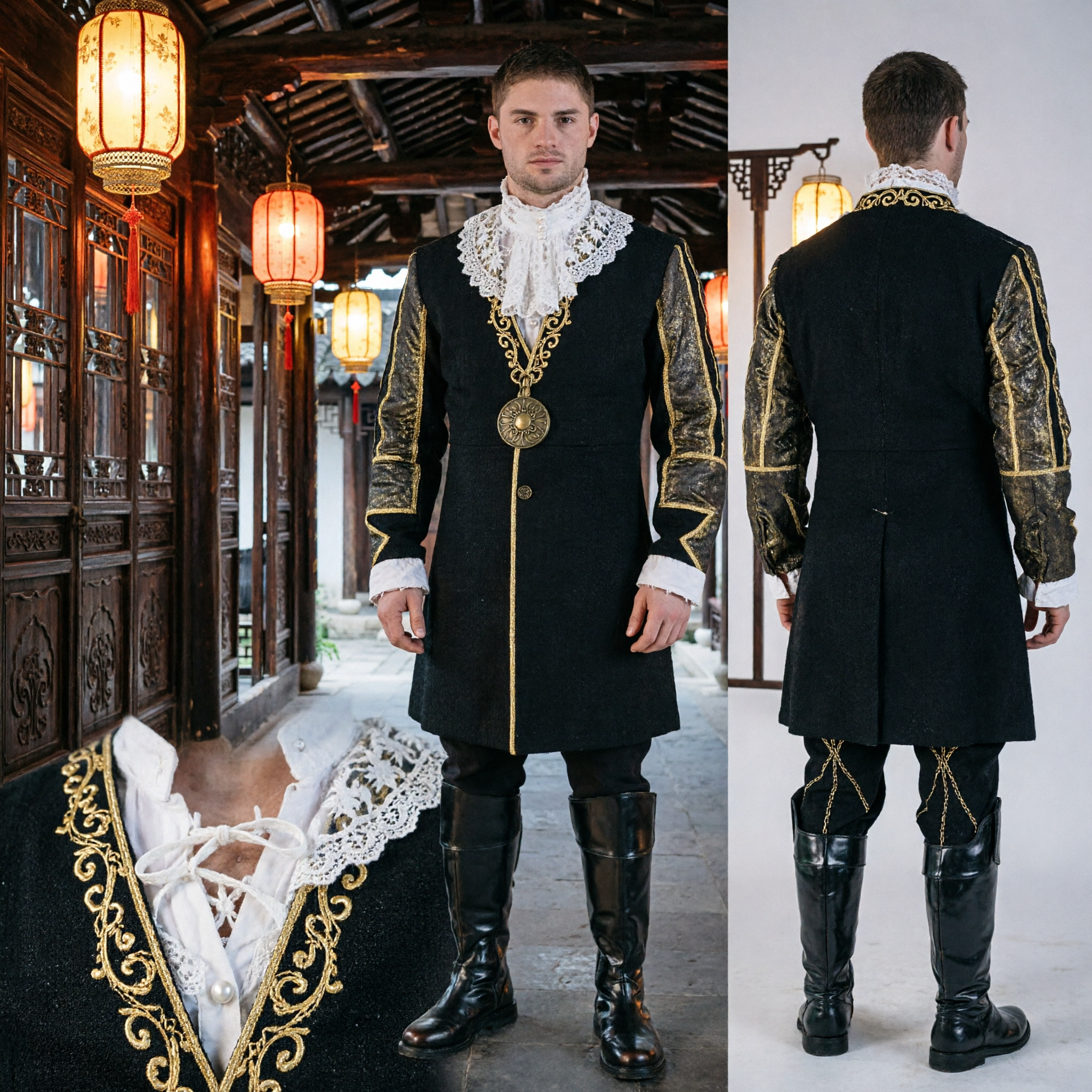 Men's Medieval Prince Costume Black Velvet Vest Puffy Sleeves Renaissance Noble Stage Performance Outfit