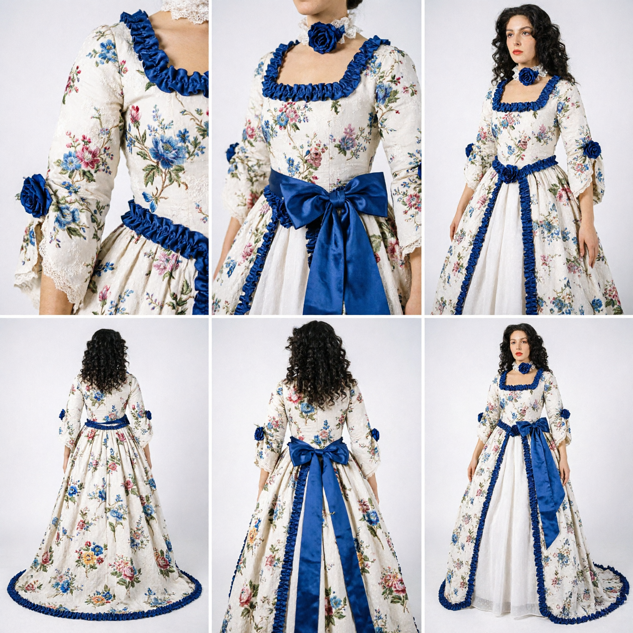 Women's 18th Century Rococo Ball Gown Blue Floral Historical Costume for Cosplay Theater Halloween