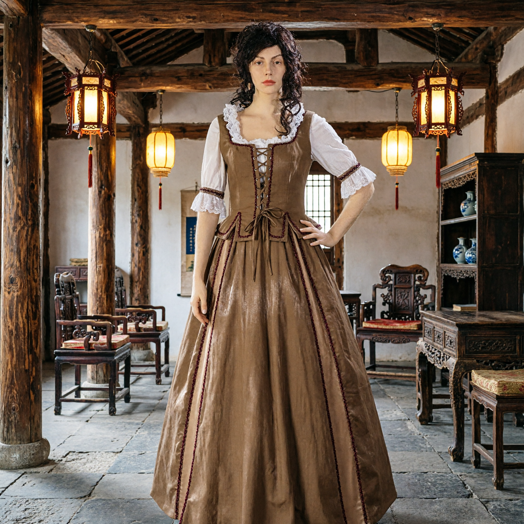 Women's Brown Renaissance Peasant Dress Medieval Historical Costume with Lace-Up Bodice for Theater and Cosplay