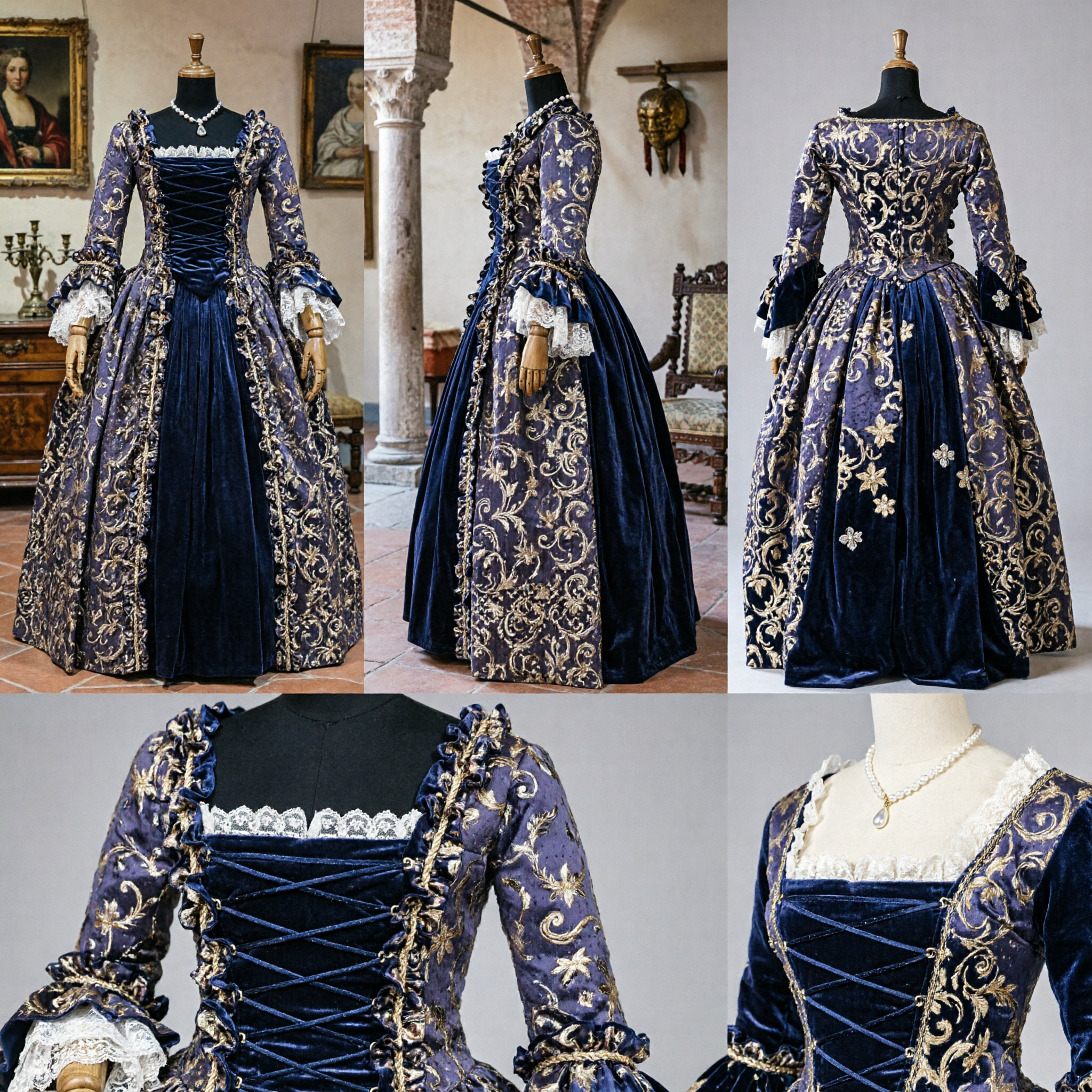 Elegant 18th Century Rococo Velvet Ball Gown Gold Embroidered Marie Antoinette Style Historical Cosplay Costume for Women